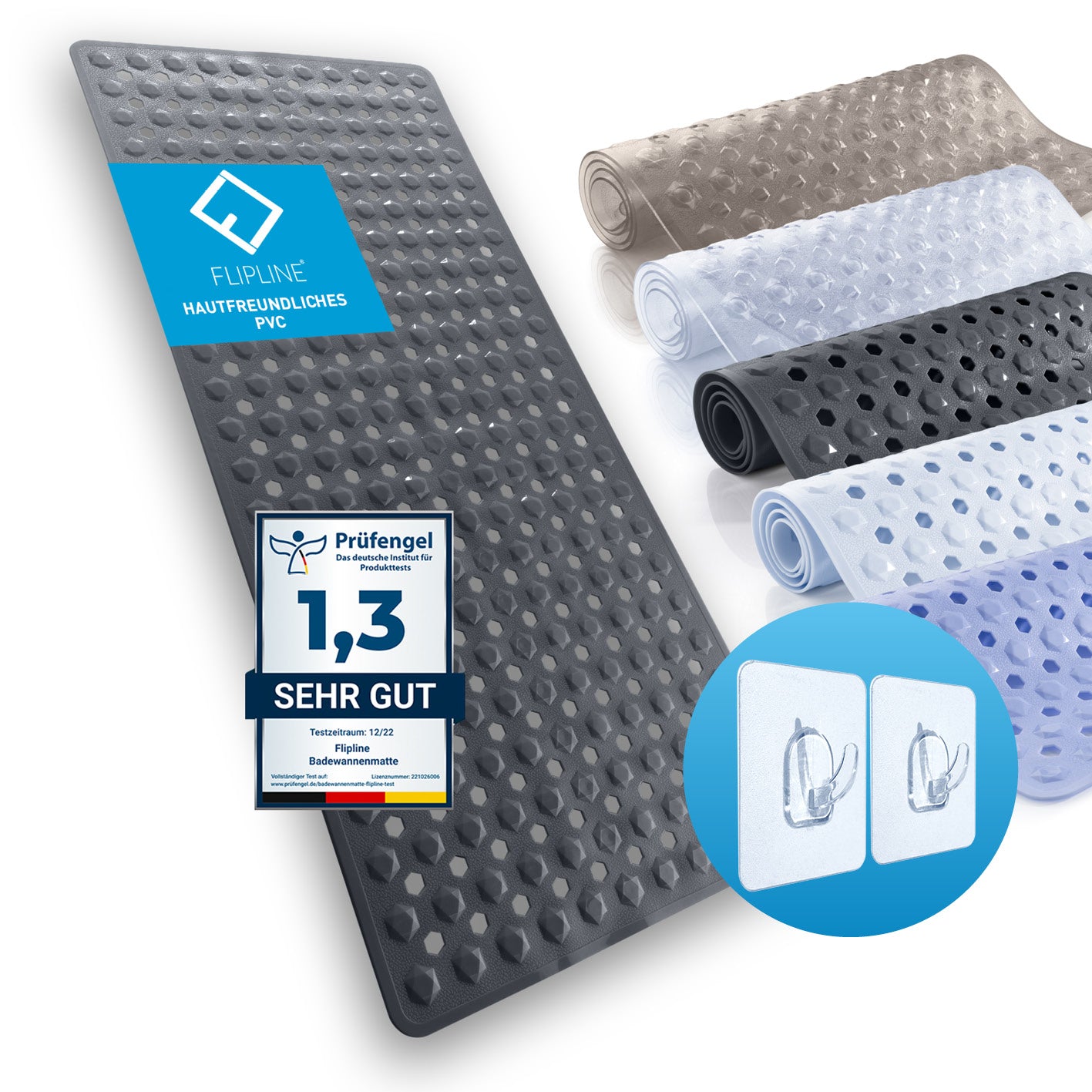 Badewannenmatte 88 x 40 cm – Dunkelgrau mit rutschfester Oberfläche, Saugnäpfen und praktischen Haken für sicheren Halt und Komfort.