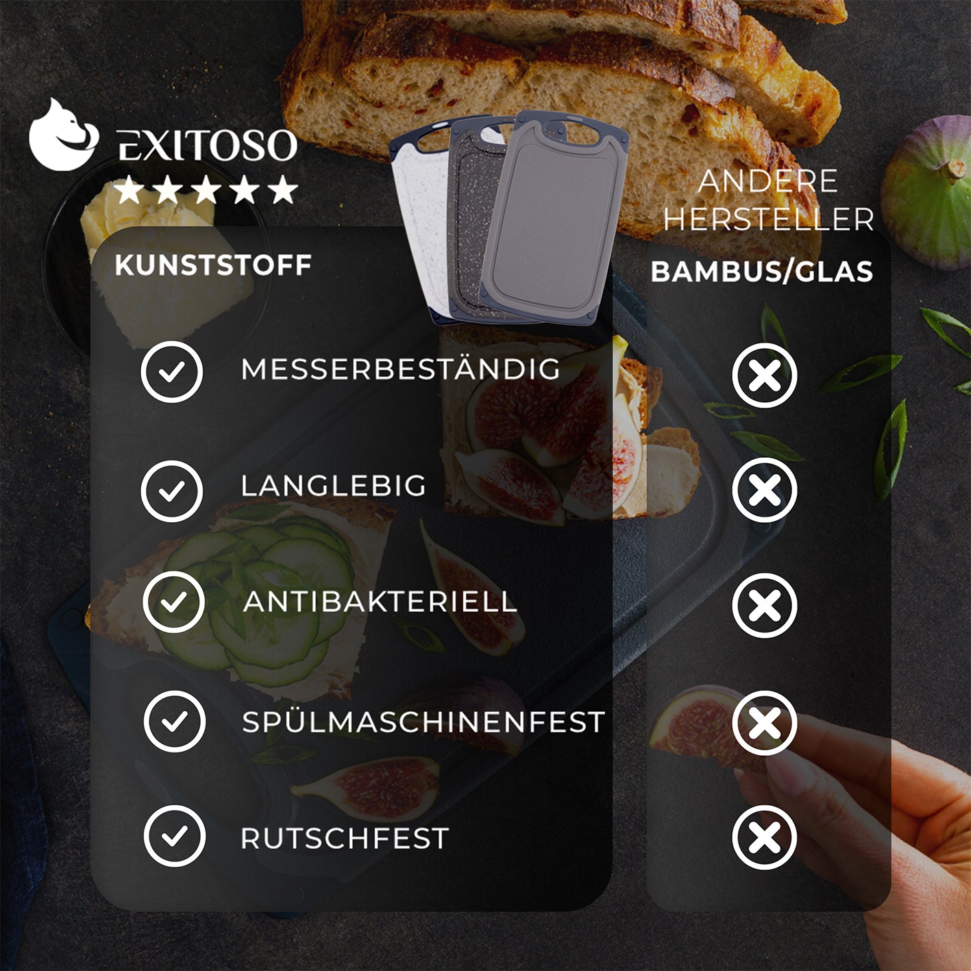 Frühstücksbrettchen - 4er-Set - Marmoroptik Schwarz aus Kunststoff, rutschfest, spülmaschinenfest und antibakteriell, langlebig und messerbeständig.