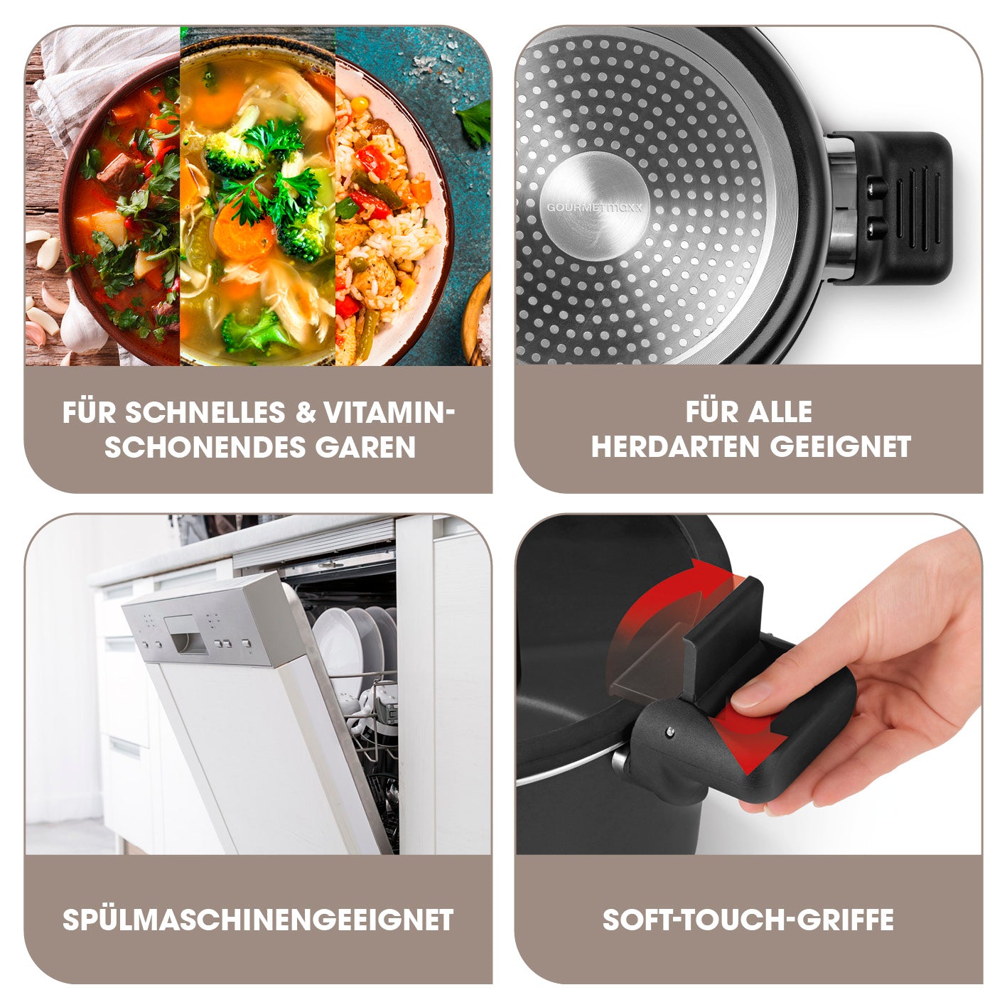 Energiespartopf Aluminium 5,8l schwarz/rot mit Antihaftbeschichtung, Thermoboden, Soft-Touch-Griffen, für alle Herdarten geeignet.