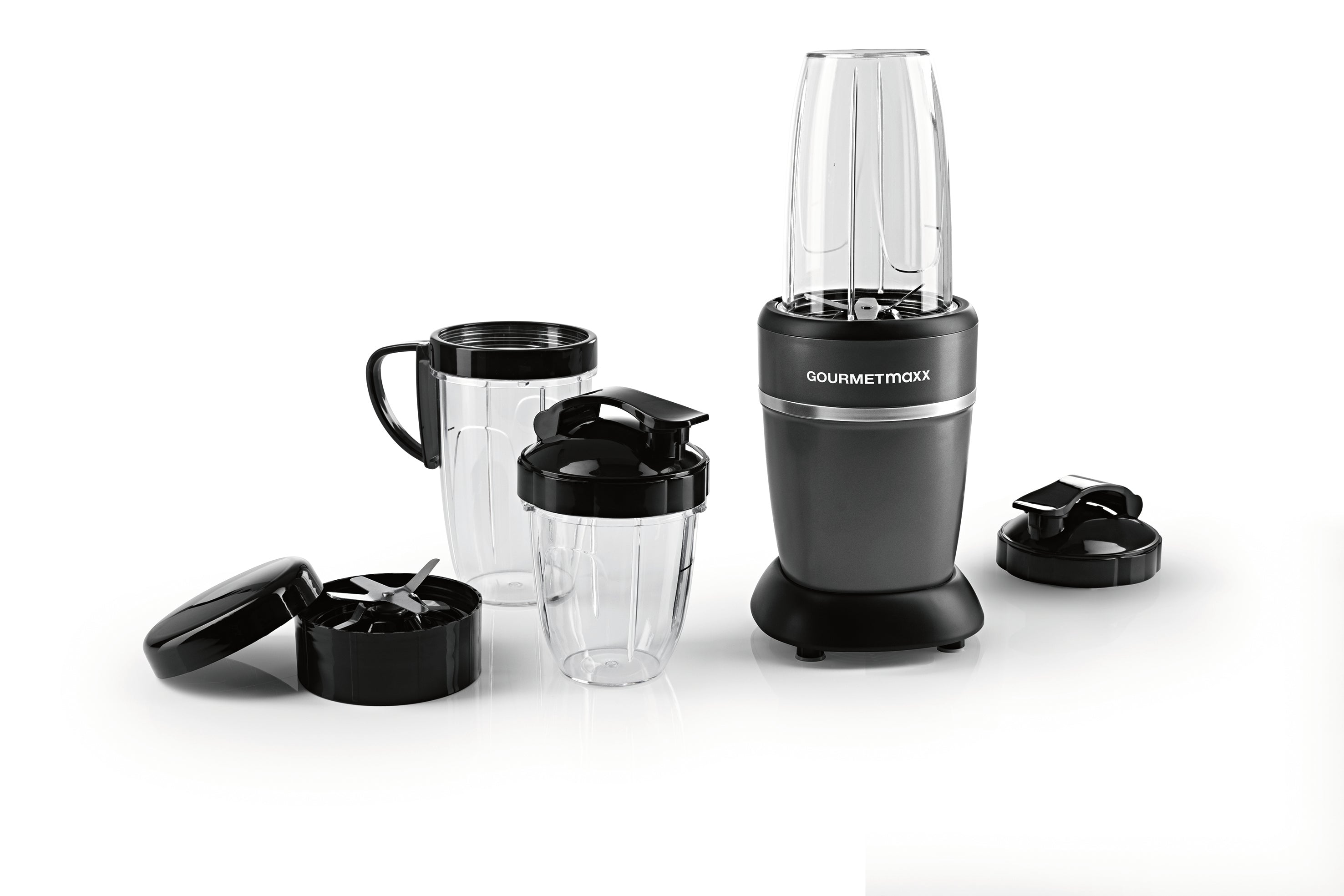Zubehörset L für Nutrition Mixer Pro 1.000 - Schwarz mit Bechergriff, 6-fach-Klinge, To-go- und Frischhaltedeckeln, 2 Bechern.