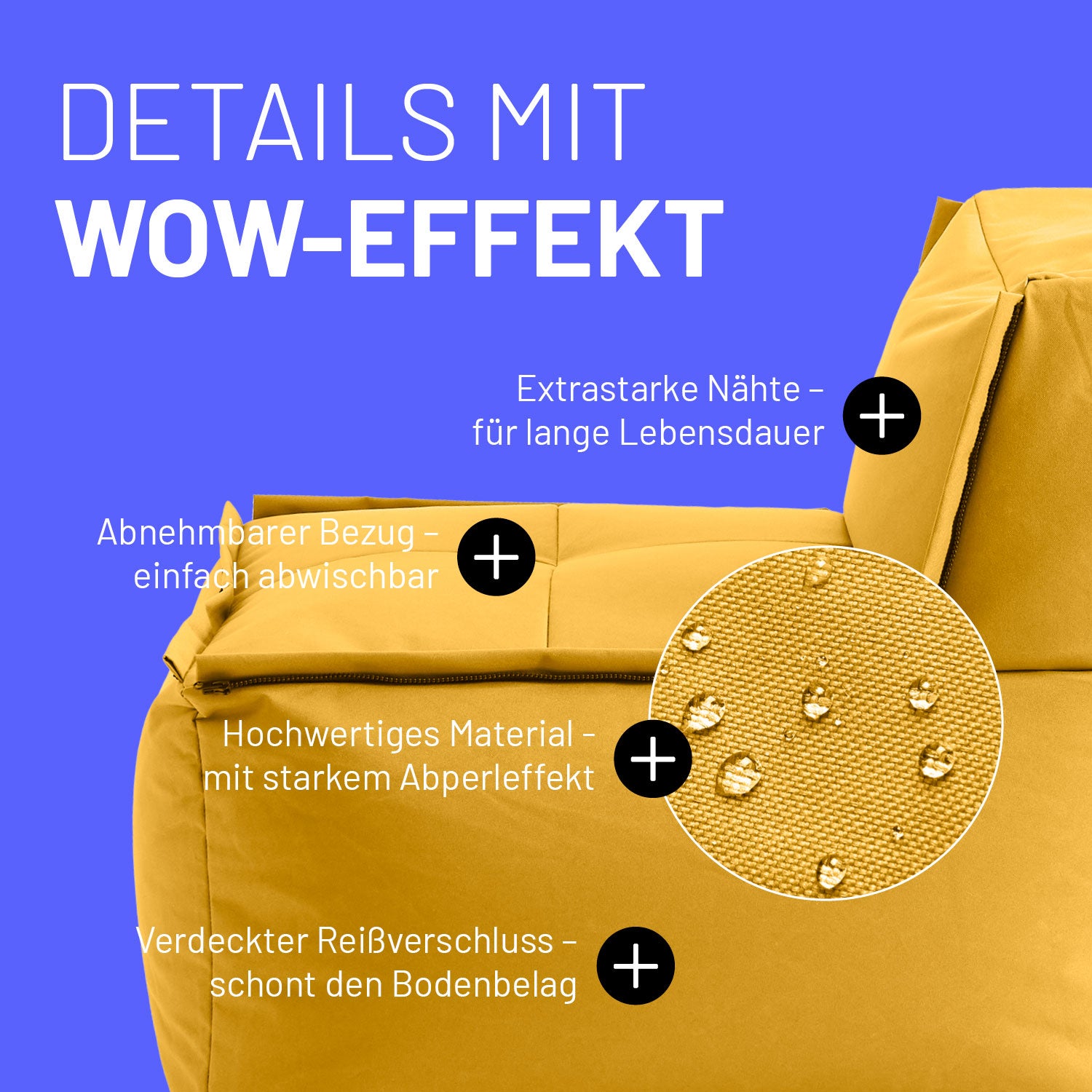 Sitzsack-Sofa Mittelstück (200 L) - Modulares System - indoor & outdoor - Senfgelb mit wasserabweisendem, strapazierfähigem Material und abnehmbarem Bezug.
