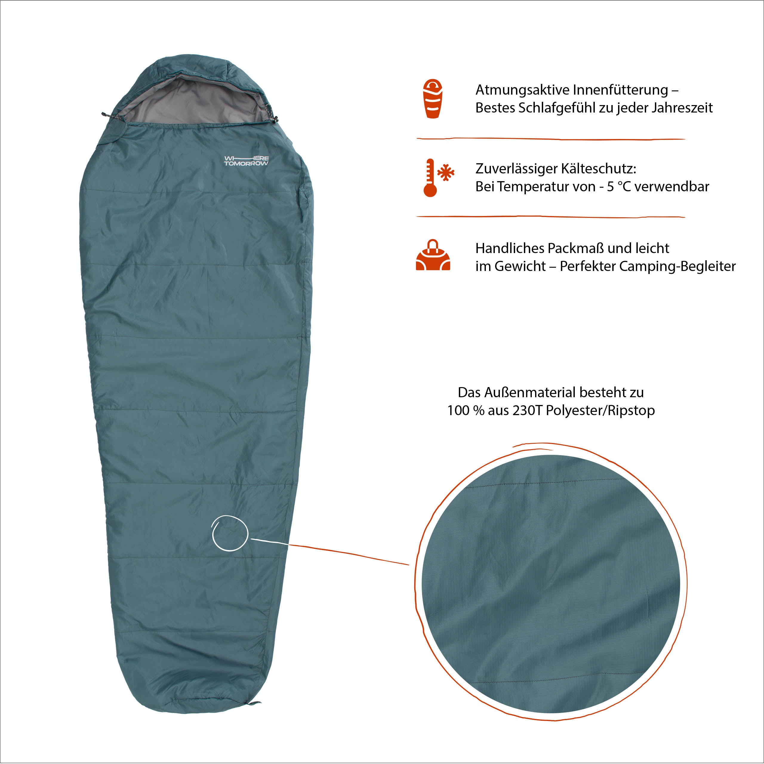 Camping Schlafsack Small & Light Mumienschlafsack mit Tasche, wasserabweisend, atmungsaktiv, -5 °C, 220 x 80 x 50 cm, Goblinblau.