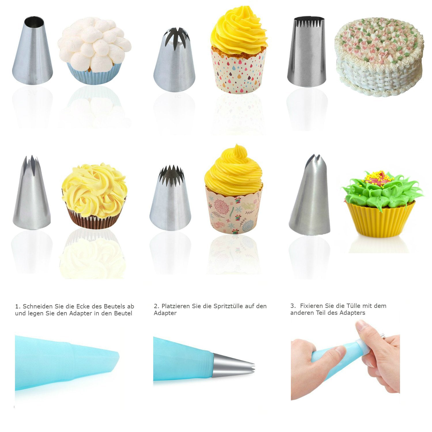 Silikonspritzbeutel mit 6 Edelstahltüllen - 35 cm, vielseitige Spritztüllen zum Dekorieren von Cupcakes, Kuchen und Muffins in Geschenkbox.