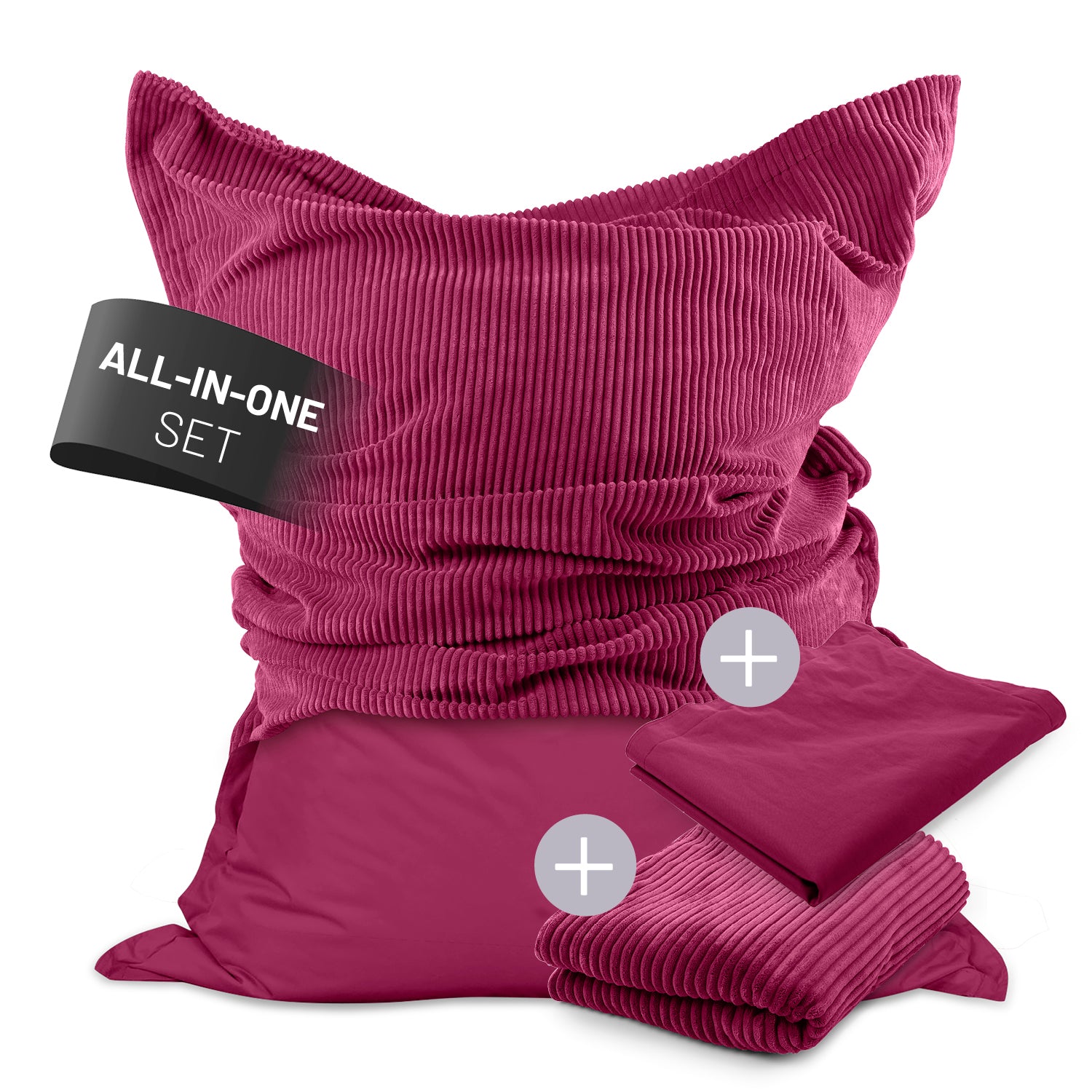Sitzsack Classic XXL All-in-One Set 380 L 140 x 180 cm Weinrot mit weichem Cord- und wetterfestem Outdoor-Bezug