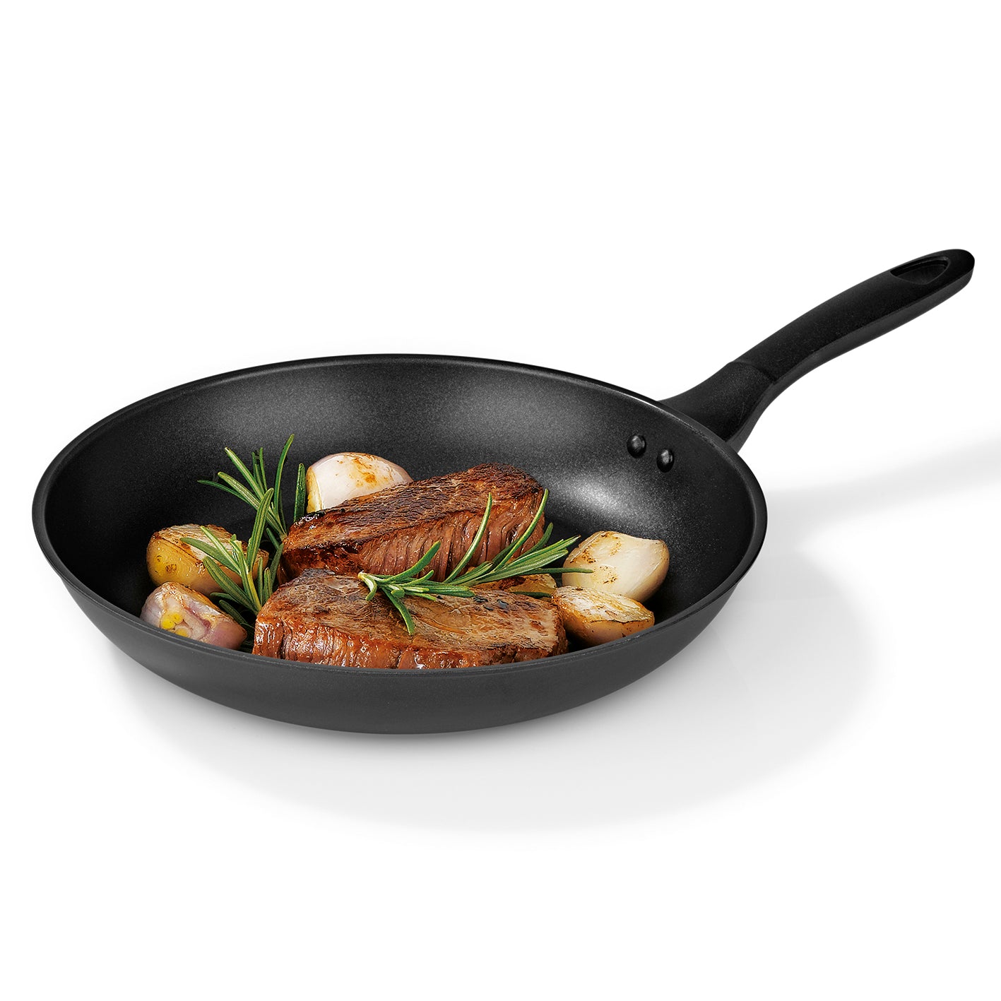Aluminium-Pfanne geschmiedet - 28 cm - schwarz mit Cool-Touch-Griff, kratzunempfindlich, für alle Herdarten, PFOA-frei, mit gebratenem Fleisch und Zwiebeln.