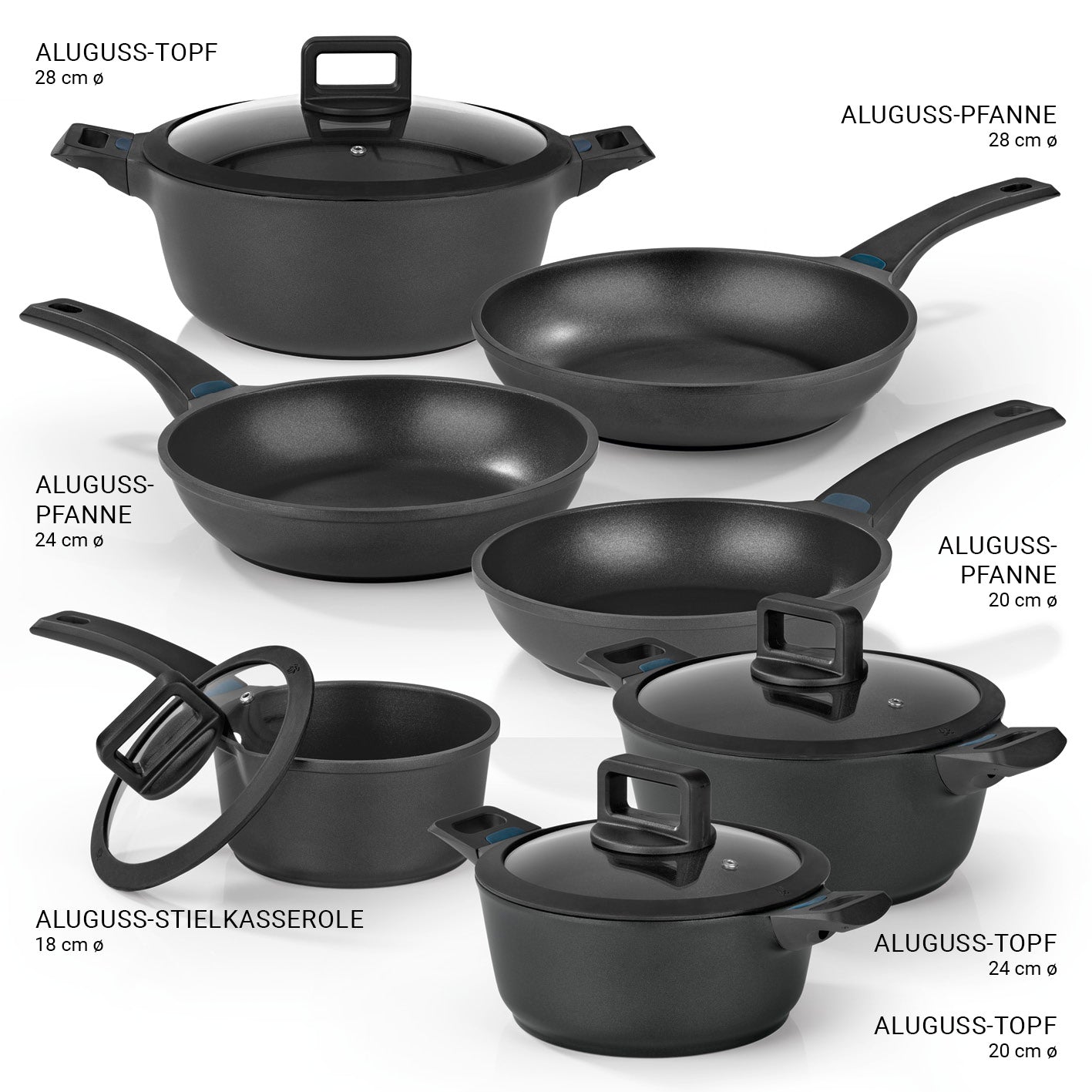 Aluguss-Topf- und Pfannen-Set - 11-teilig mit Deckeln, hitzebeständig, antihaftbeschichtet, geeignet für alle Herdarten inklusive Induktion.