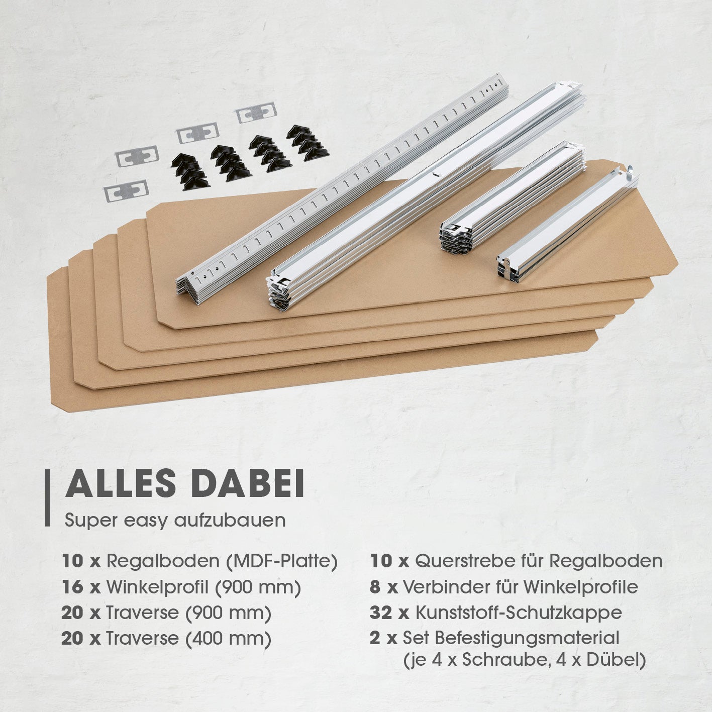 Schwerlastregal & Werkbank 2er-Set mit MDF-Platten und Metallprofilen zur einfachen Montage ohne Bohren.
