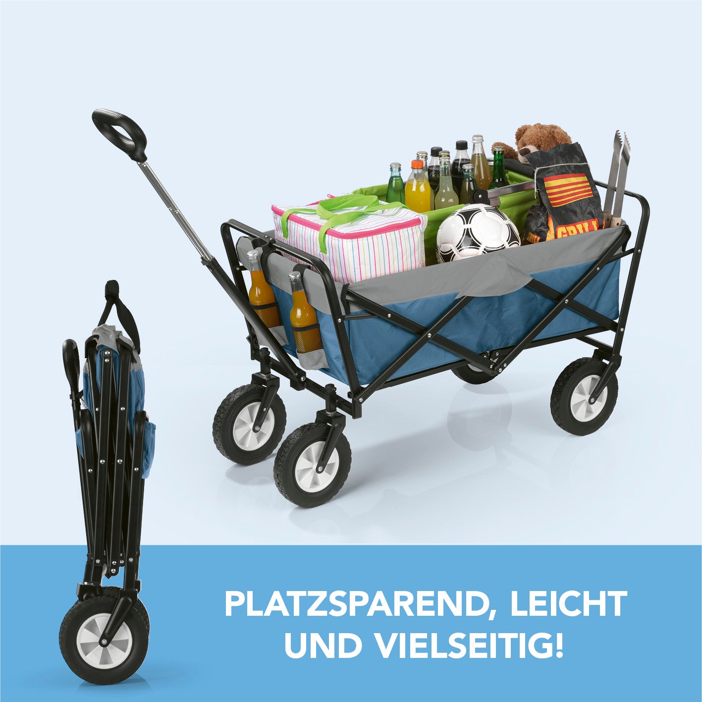 Bollerwagen faltbar - blau/grau mit stabilem Stahlrahmen, witterungsbeständigem Bezug, 360° Rädern und ausziehbarem Teleskopgriff, belastbar bis 80 kg.