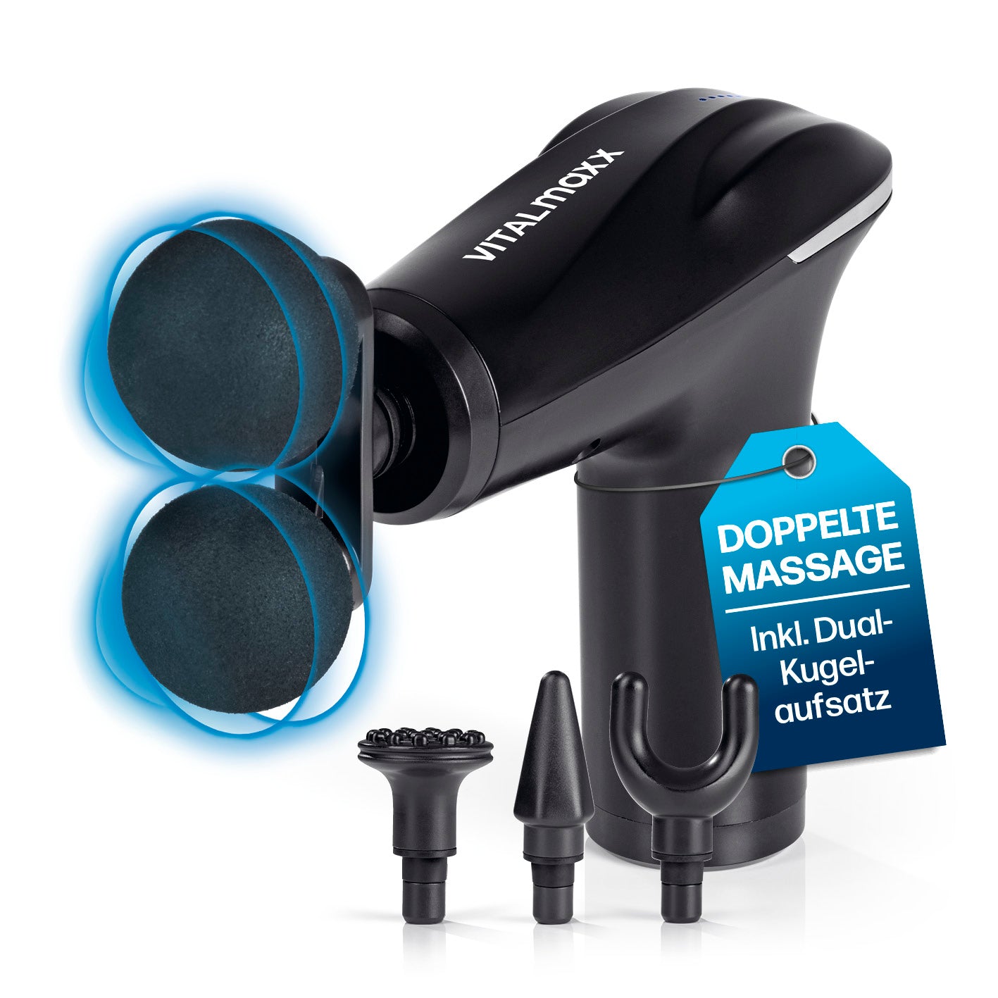 Mini Massage Gun mit 4 Aufsätzen von VITALmaxx, inkl. Dual-Kugelaufsatz für intensive, individuelle Tiefenmassage.