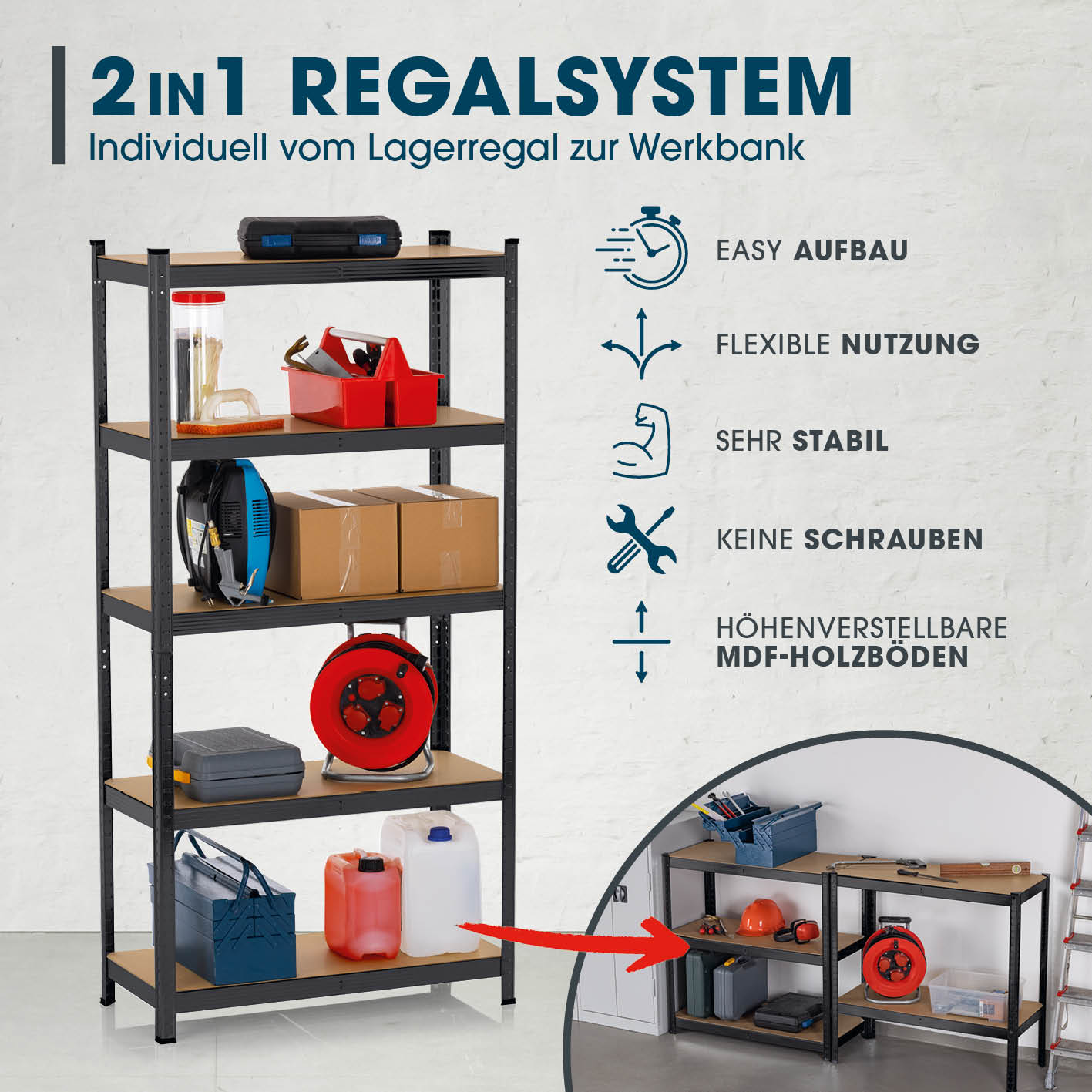 Schwerlastregal & Werkbank - 180 x 90 x 40 cm - 875 kg Traglast, 175 kg pro Ebene, flexibles 2in1 Stecksystem mit MDF-Holzböden.
