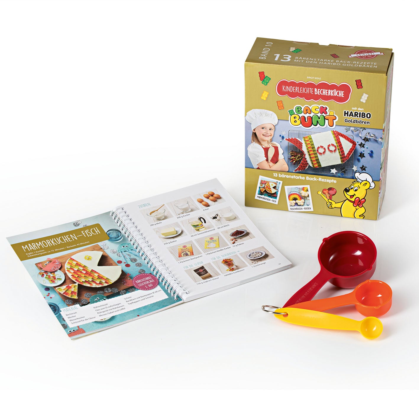 Rezeptbuch inkl. Messbecher-Set Band 10 mit kinderfreundlichen Backrezepten und drei farbigen Messbechern für Kinder ab 3 Jahren.
