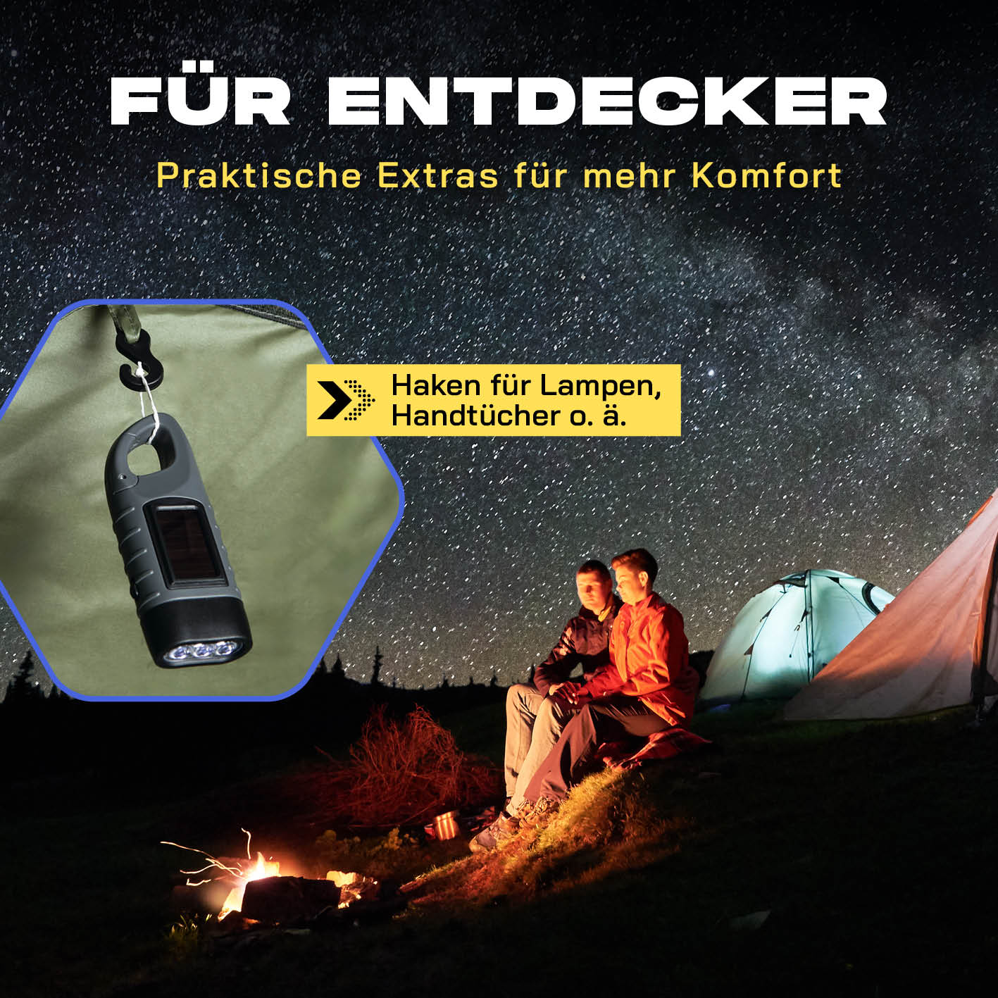 Pop-up-Wurfzelt für 4 Personen - grün mit Haken für Lampen und Handtücher, ideal für Camping und Outdoor-Abenteuer unter Sternenhimmel.