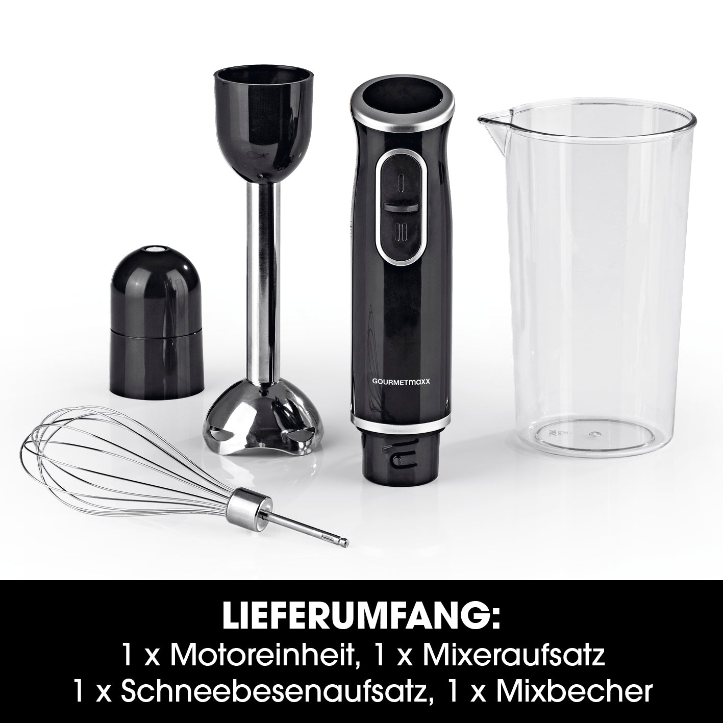 Stabmixer inkl. Rühraufsatz und Messbecher - schwarz/chrom mit Motor, Mixeraufsatz, Schneebesen und 600-ml Mixbecher.