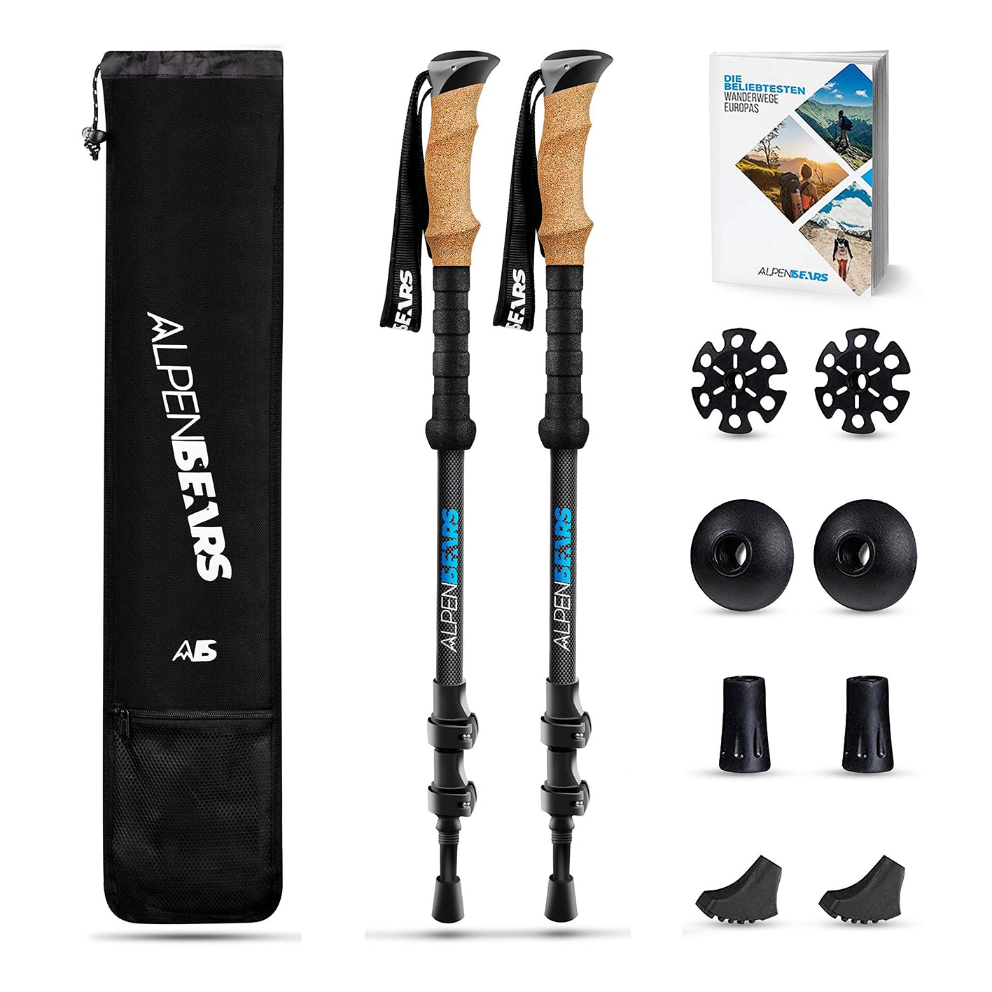 Teleskop Wanderstöcke mit Gummipuffer Set - Carbon, verstellbar, leicht, mit Korkgriffen und verschiedenen Aufsätzen für jedes Gelände.