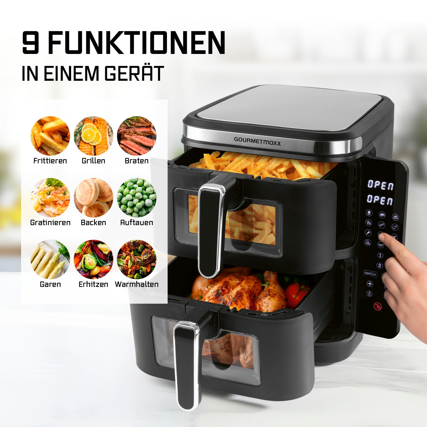 FryUp Vertikale Doppelkammer-Heißluftfritteuse mit Sichtfenster zeigt 9 Funktionen und zwei Ebenen mit Pommes und Hähnchen im Betrieb.