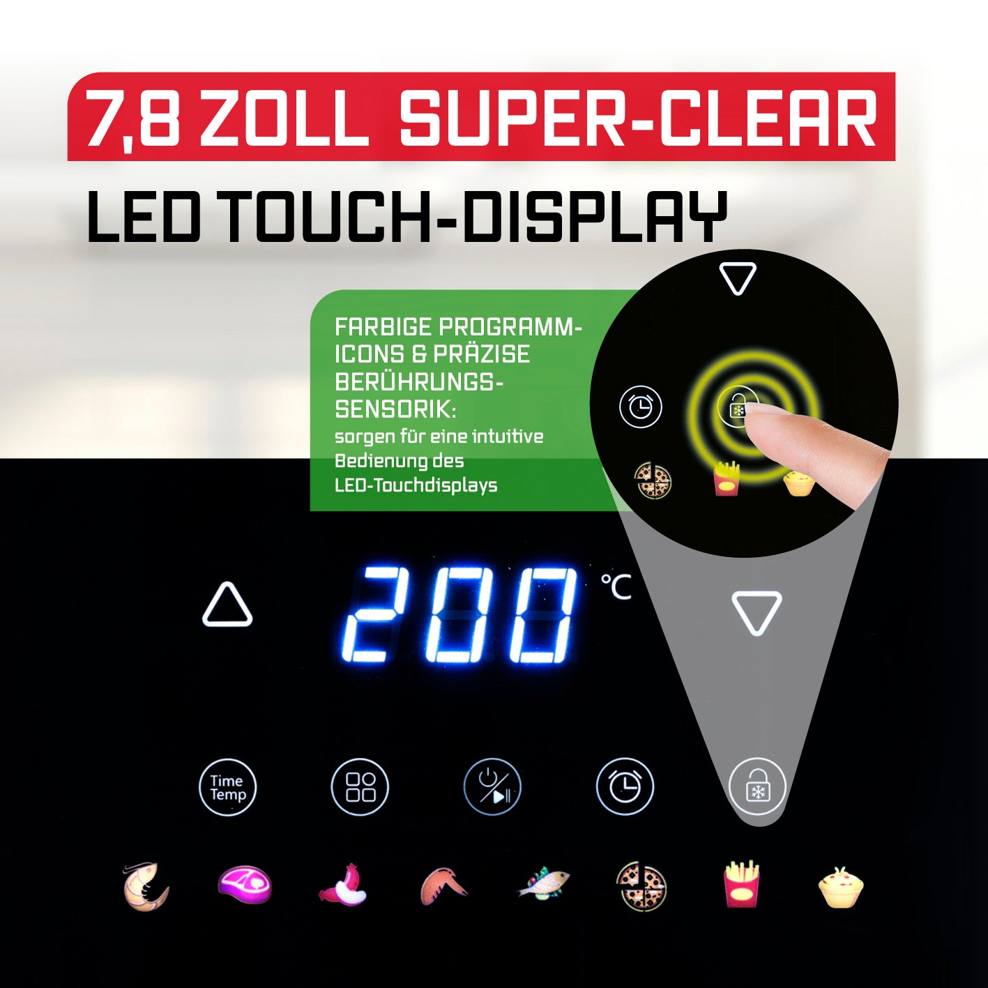 Heißluftfritteuse - 4,5 Liter mit 7,8 Zoll LED-Touchdisplay und farbigen Programm-Icons für einfache Bedienung.