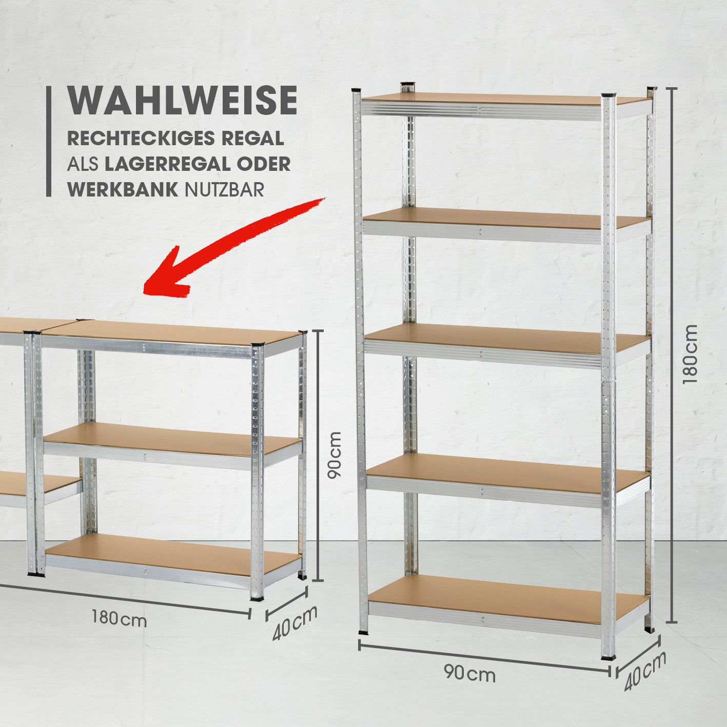 Schwerlastregal & Werkbank 2er-Set 180x90x40 cm, 1750 kg Traglast, wahlweise als Regal oder Werkbank nutzbar.