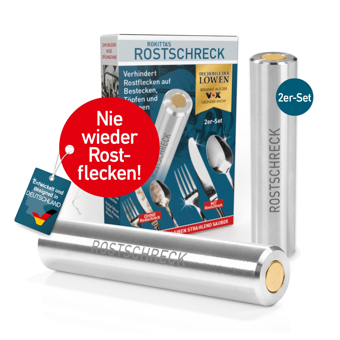 Rostschreck - 2er-Set verhindert Rostflecken auf Besteck, Töpfen und Pfannen, ideal für Spülmaschine und Besteckkasten.
