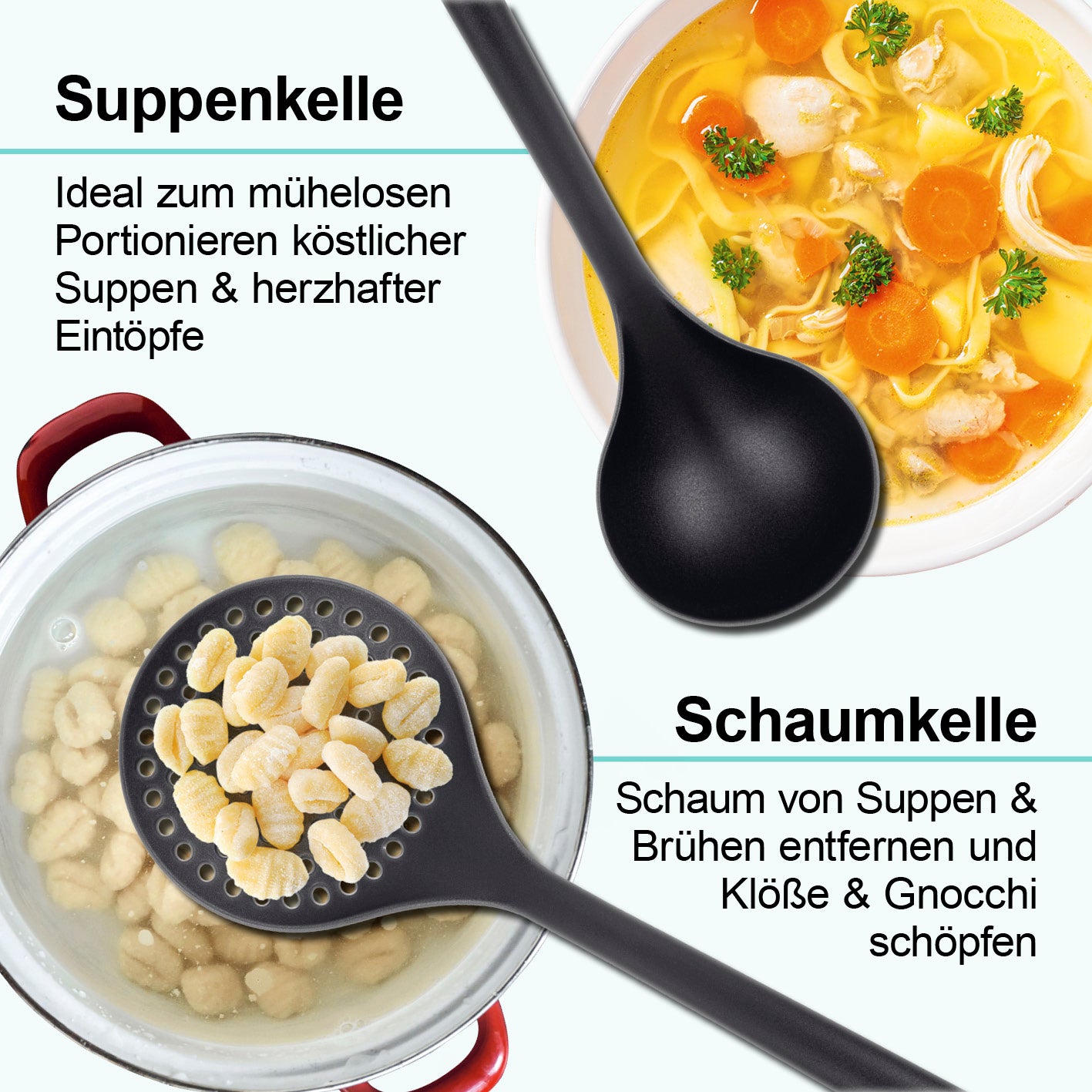 Küchenhelfer-Set mit praktischem Ständer - 7-teilig, bestehend aus Suppenkelle, Schaumkelle und weiteren hitzebeständigen Küchenutensilien.