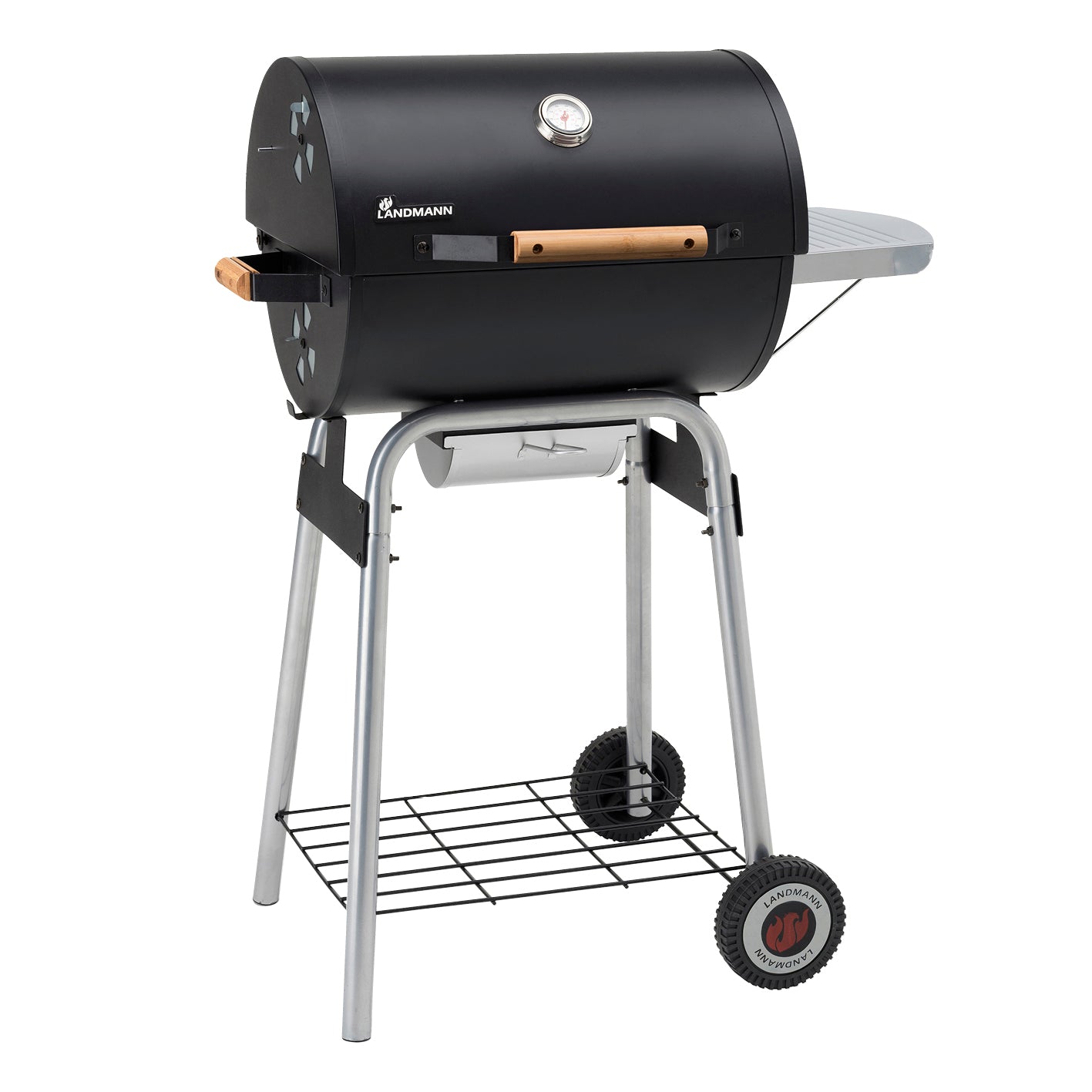 Holzkohle-Barrelgrill mit emailliertem Grillrost, Temperaturanzeige, höhenverstellbarem Kohlerost und großflächigem Warmhalterost.