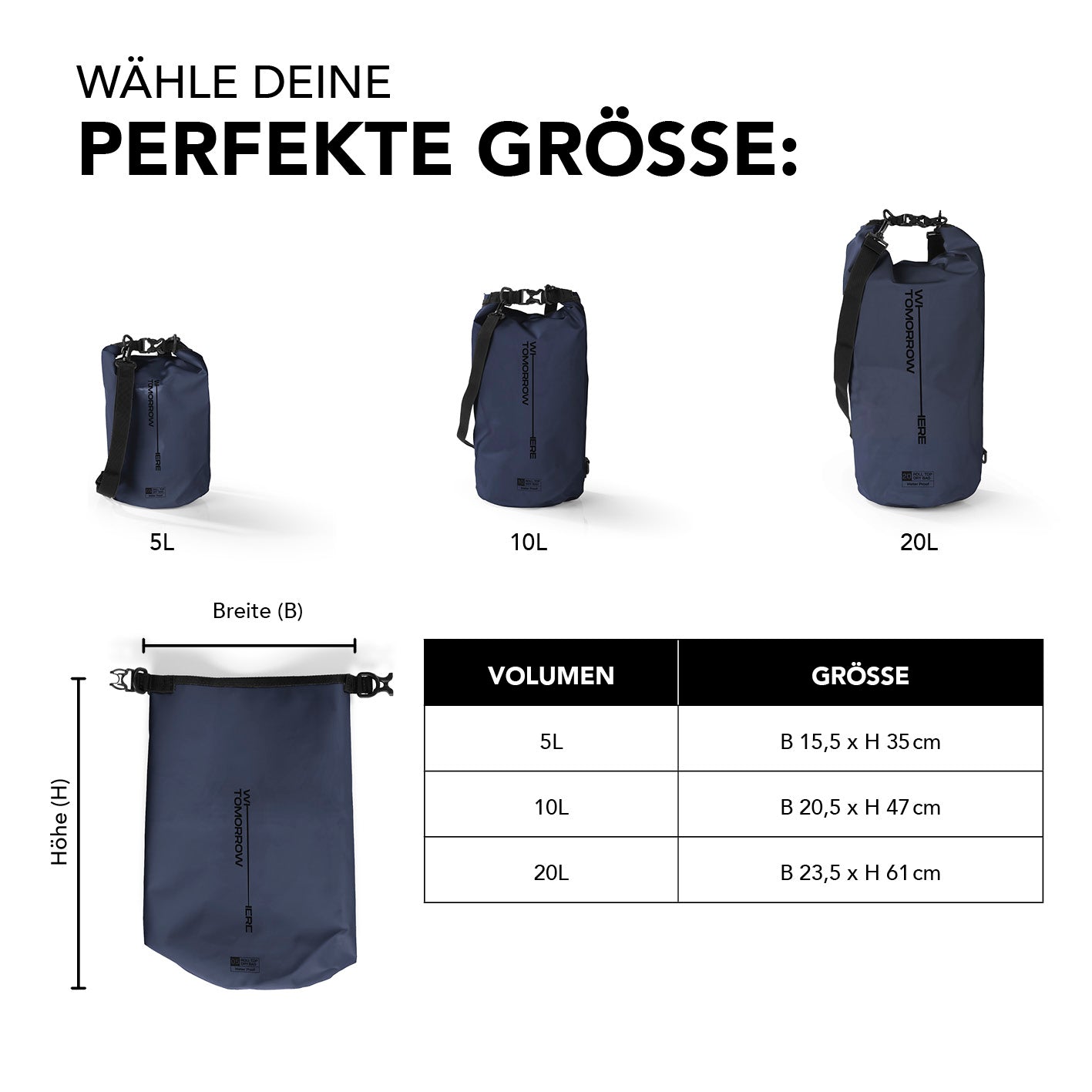 Dry Bag 10L - Style 02 - Dunkelblau, wasserdichter Rucksack mit robustem Rolltop und verstellbarem Schultergurt, ideal für Outdoor-Abenteuer.