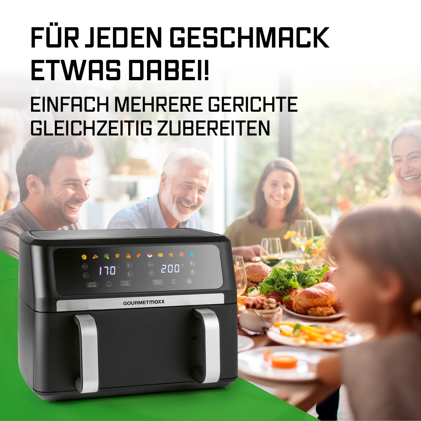 Vario-Kammer-Heißluftfritteuse - 10 Liter mit digitalem Touchscreen und zwei Kammern für gleichzeitiges Garen mehrerer Speisen.