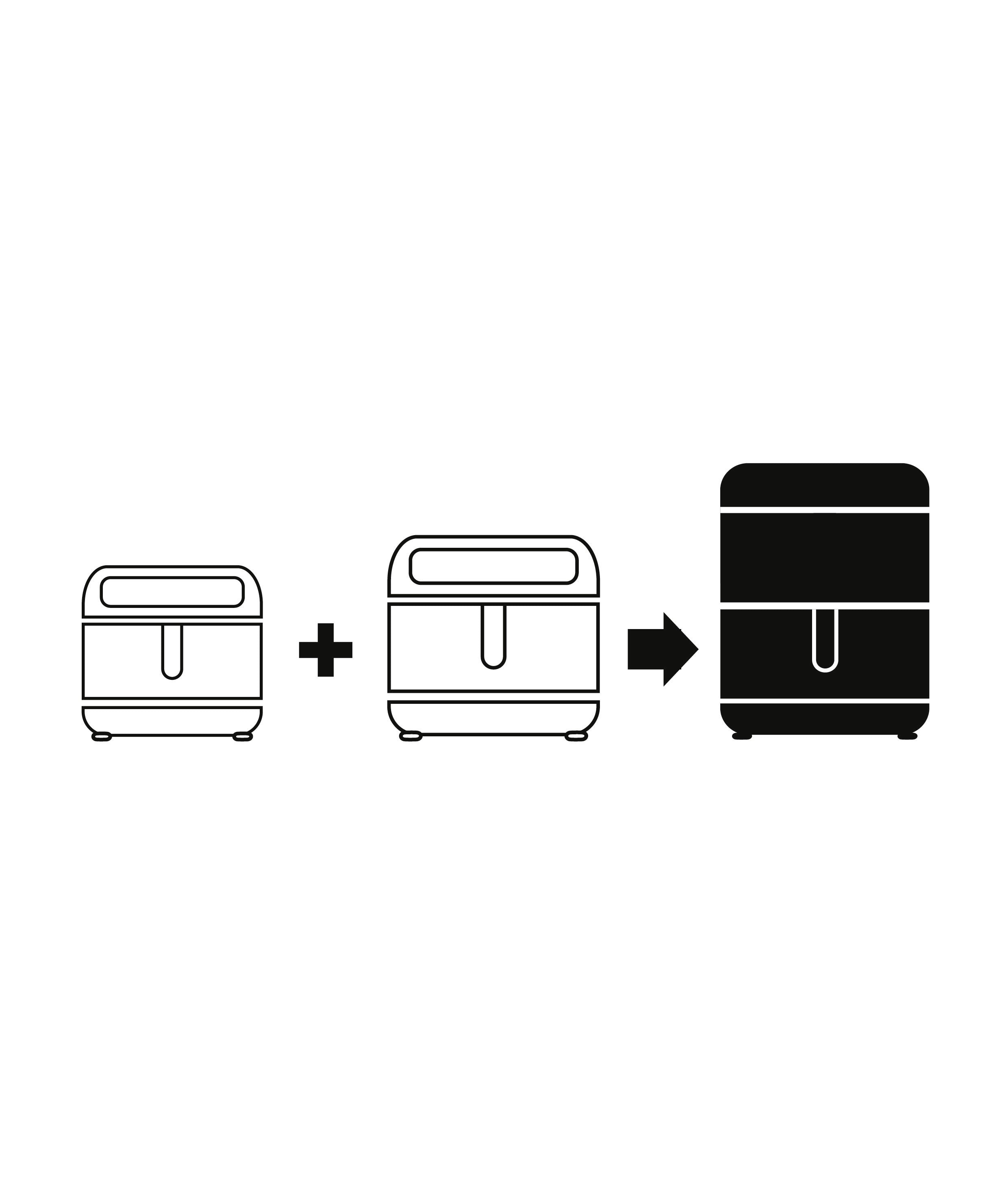 Illustration der zusammengesetzten Funktion der Vertikale Doppelkammer-Heißluftfritteuse MultiSize - 10 L für mehr Garraum.