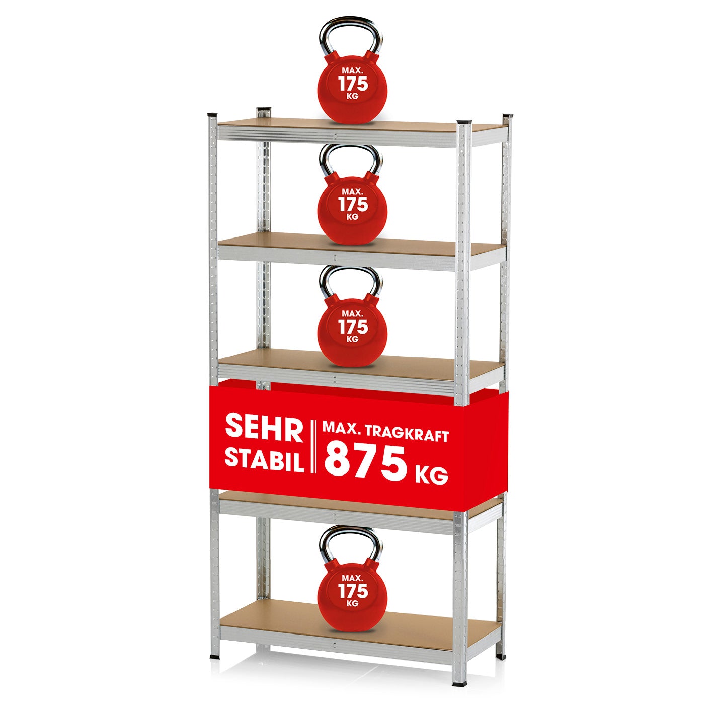 Schwerlastregal & Werkbank 180x90x40 cm mit 5 Ebenen und 875 kg Traglast, MDF-Platten je 175 kg, robust und vielseitig.