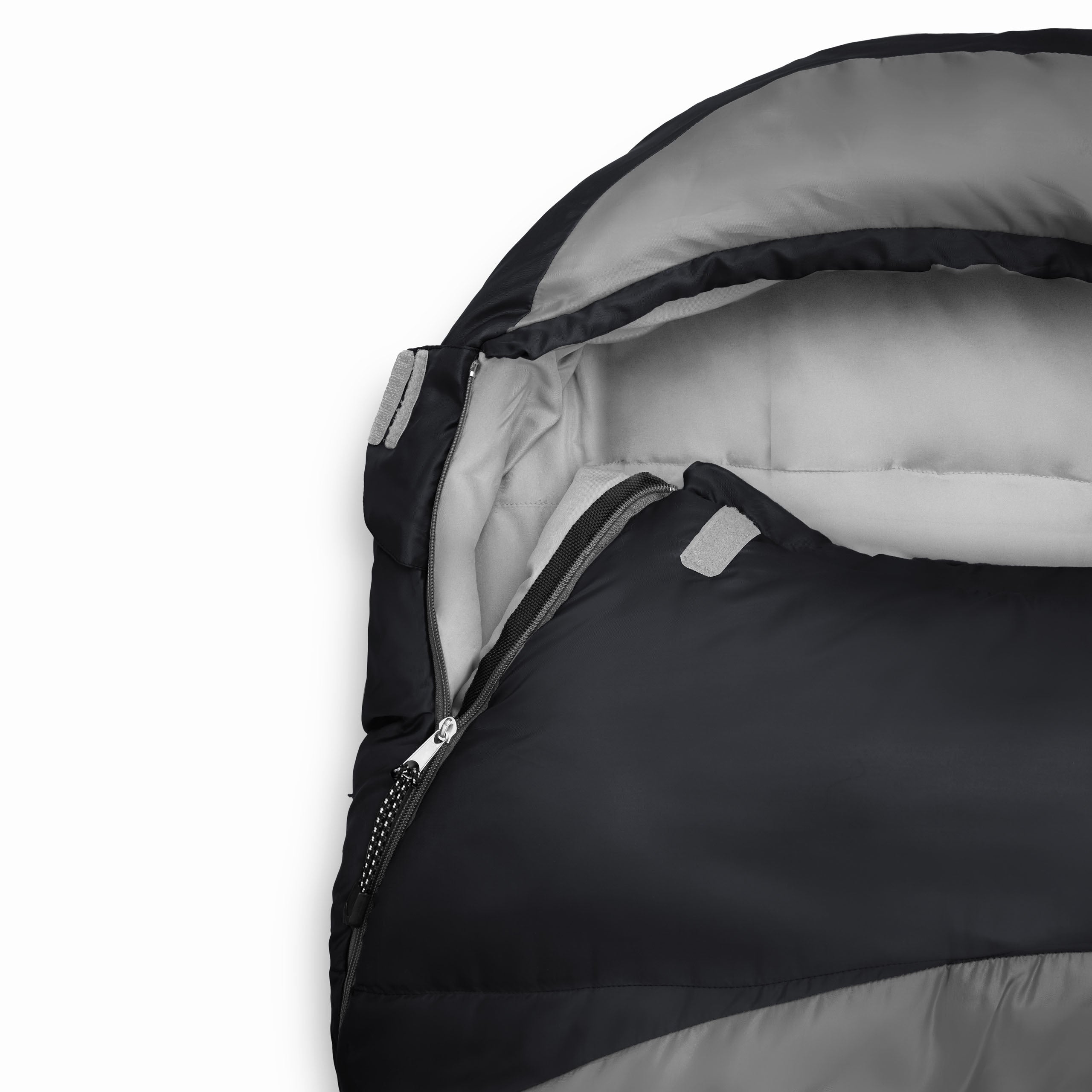 Camping Schlafsack Classic - Mumienschlafsack mit Tasche, wasserabweisend, atmungsaktiv, Konturkapuze, grau-schwarz, 230 x 80 x 55 cm.