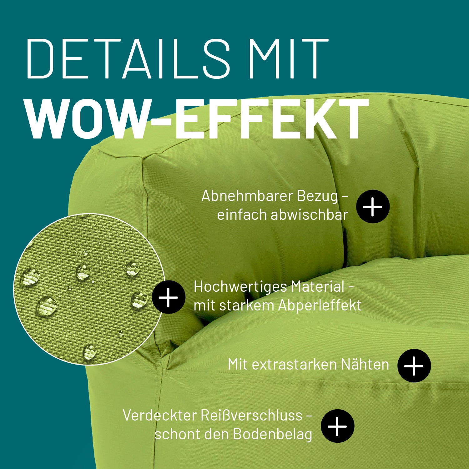 Sitzsack Lounge (320 L) - Grün mit abnehmbarem Bezug, starkem Abperleffekt, extrastarken Nähten und verdecktem Reißverschluss.