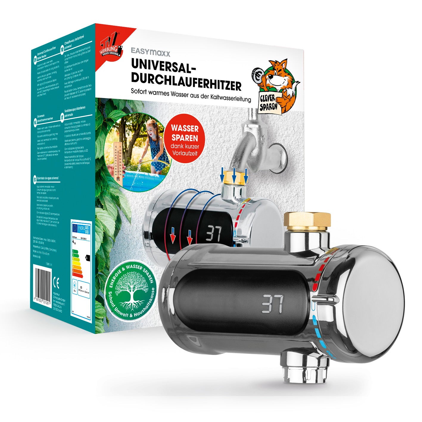 Universal-Durchlauferhitzer mit digitaler LED-Temperaturanzeige, kompakt und energiesparend für sofort warmes Wasser.