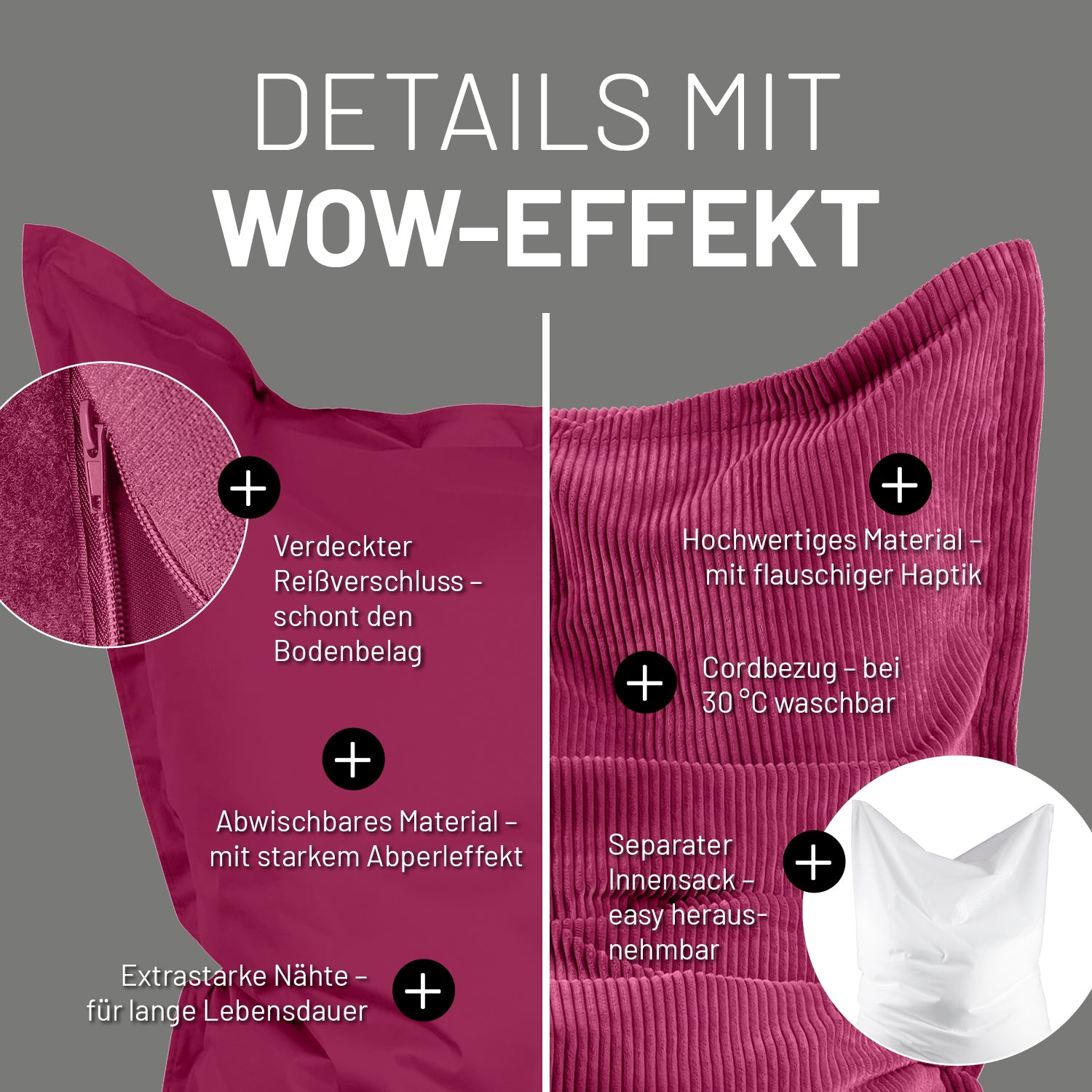 Sitzsack Classic XXL All-in-One Set 380 L Weinrot mit verdecktem Reißverschluss, Cordbezug und waschbarem Innen- und Außensack