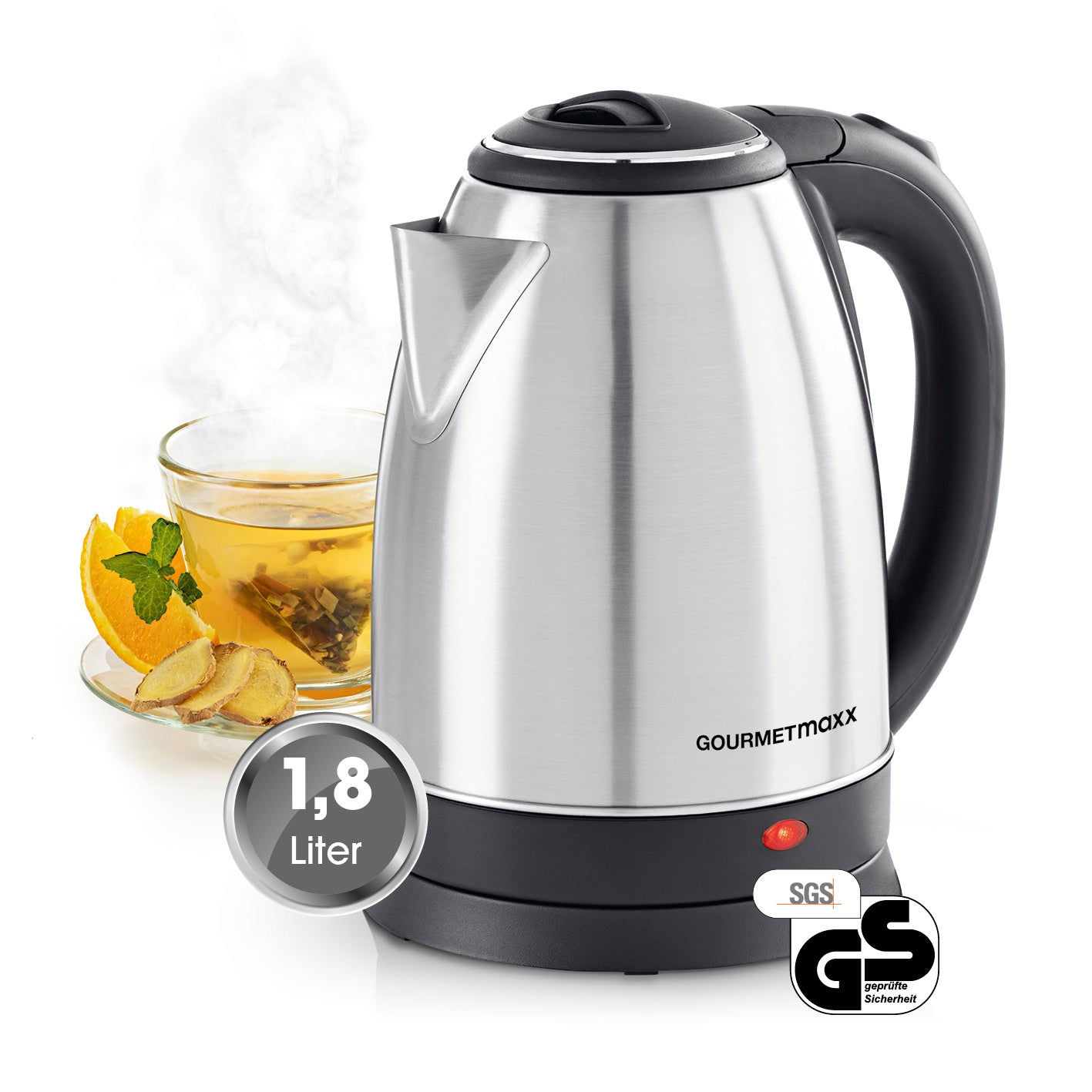 Wasserkocher - 1,8l - Edelstahl kabellos mit 360° Basis, Wasserstandsanzeige und 1,8 Liter Fassungsvermögen für bis zu 15 Tassen Tee.