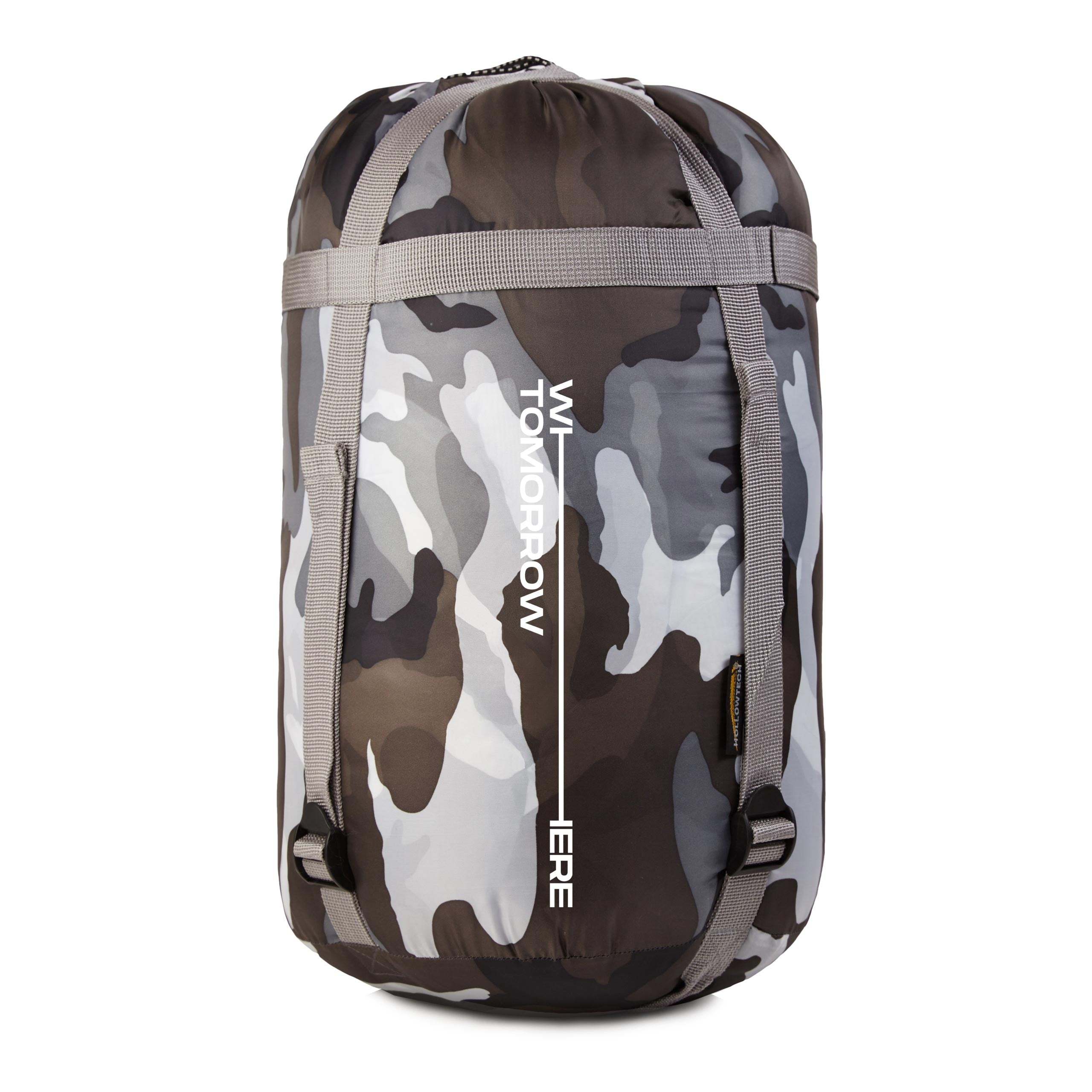 Camping Schlafsack Classic - Mumienschlafsack mit Tasche in Camouflage Grau, wasserabweisend und kompakt verstaubar.