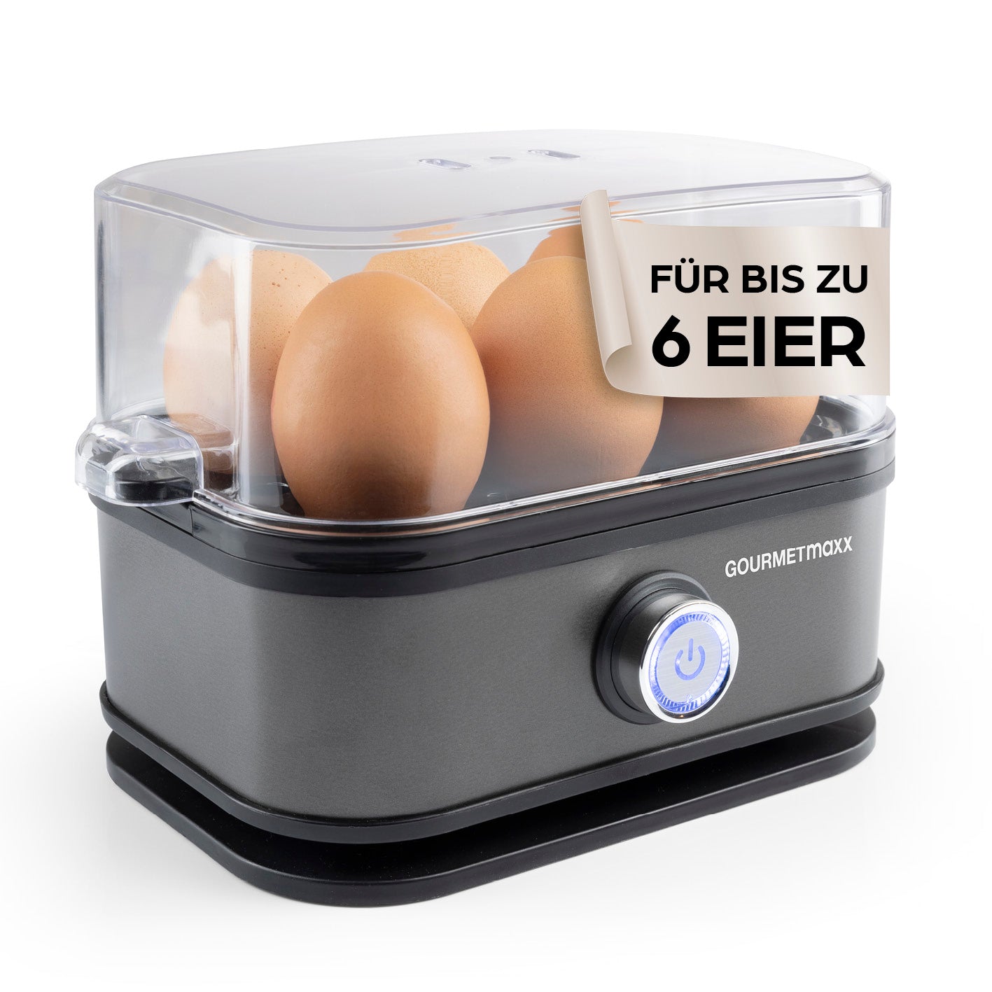 Design-Eierkocher 6 Eier - Anthrazit mit Deckel, für bis zu 6 Eier, einfache Bedienung und perfekte Ergebnisse in drei Härtegraden.