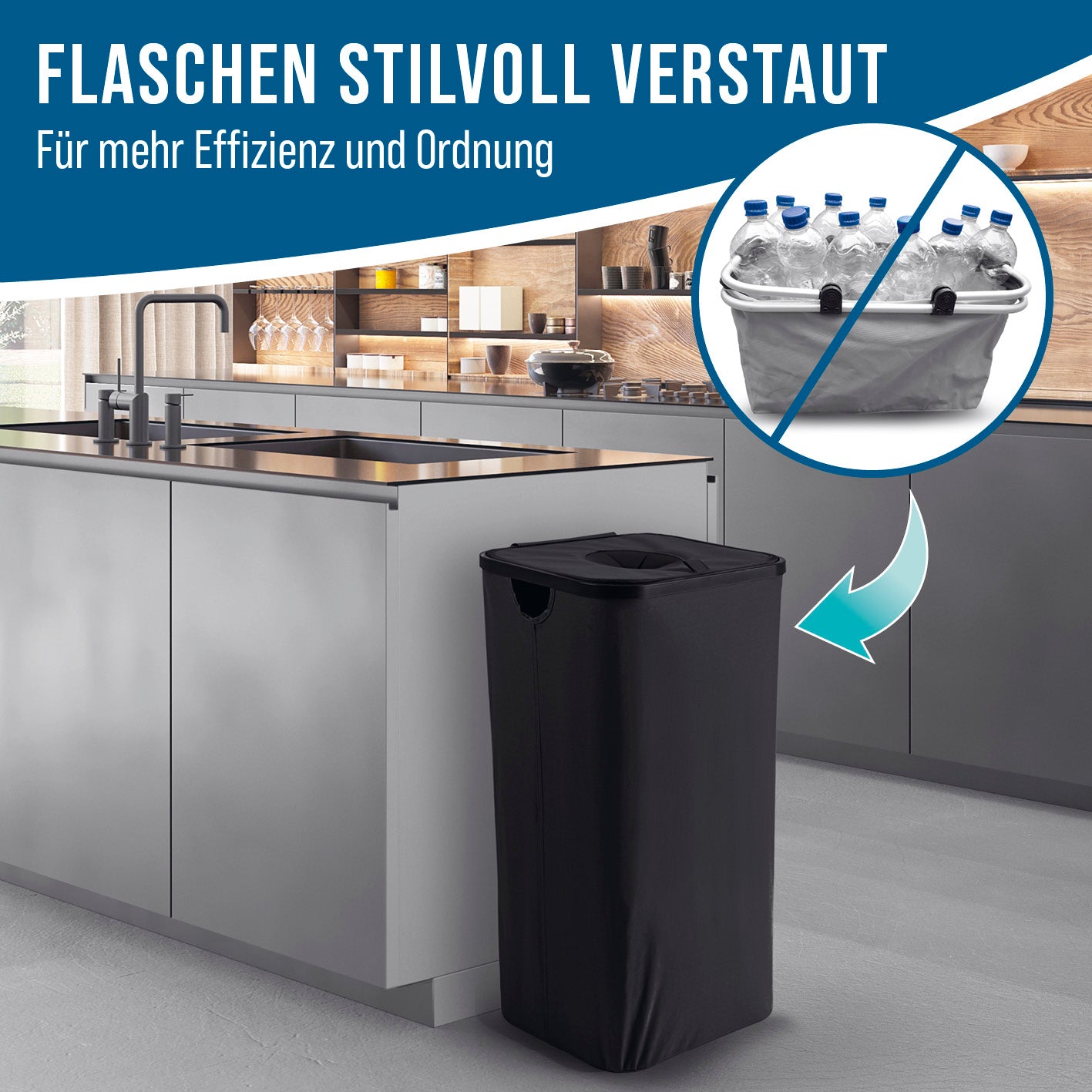 Pfandflaschen-Sammelbehälter - Schwarz, 100-l-Behälter, kompakt, wasserabweisend, faltbar, geruchsdicht, mit abnehmbaren Taschen.