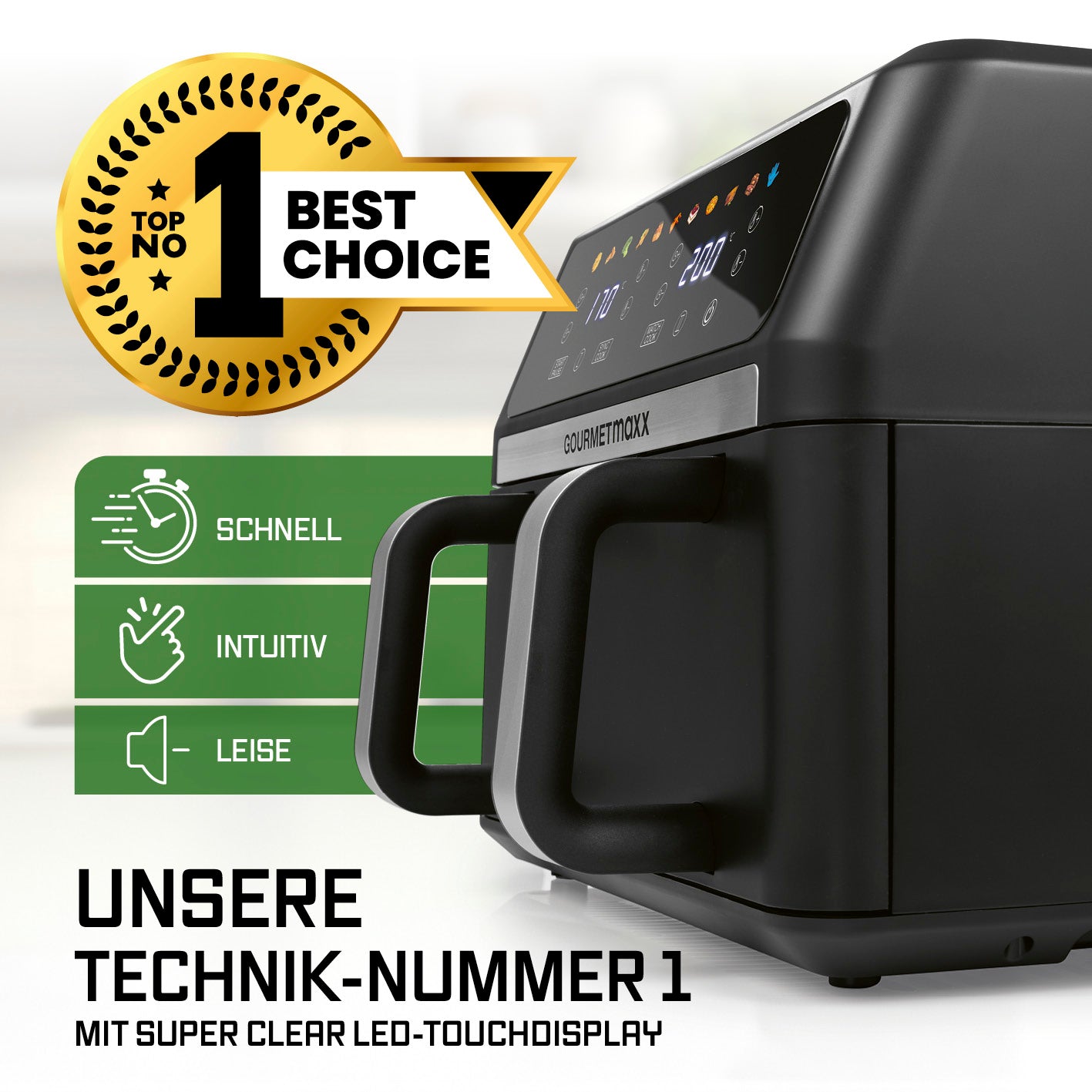 Vario-Kammer-Heißluftfritteuse - 10 Liter mit LED-Touchdisplay, schnellen, intuitiven und leisen Funktionen für perfektes Frittieren.