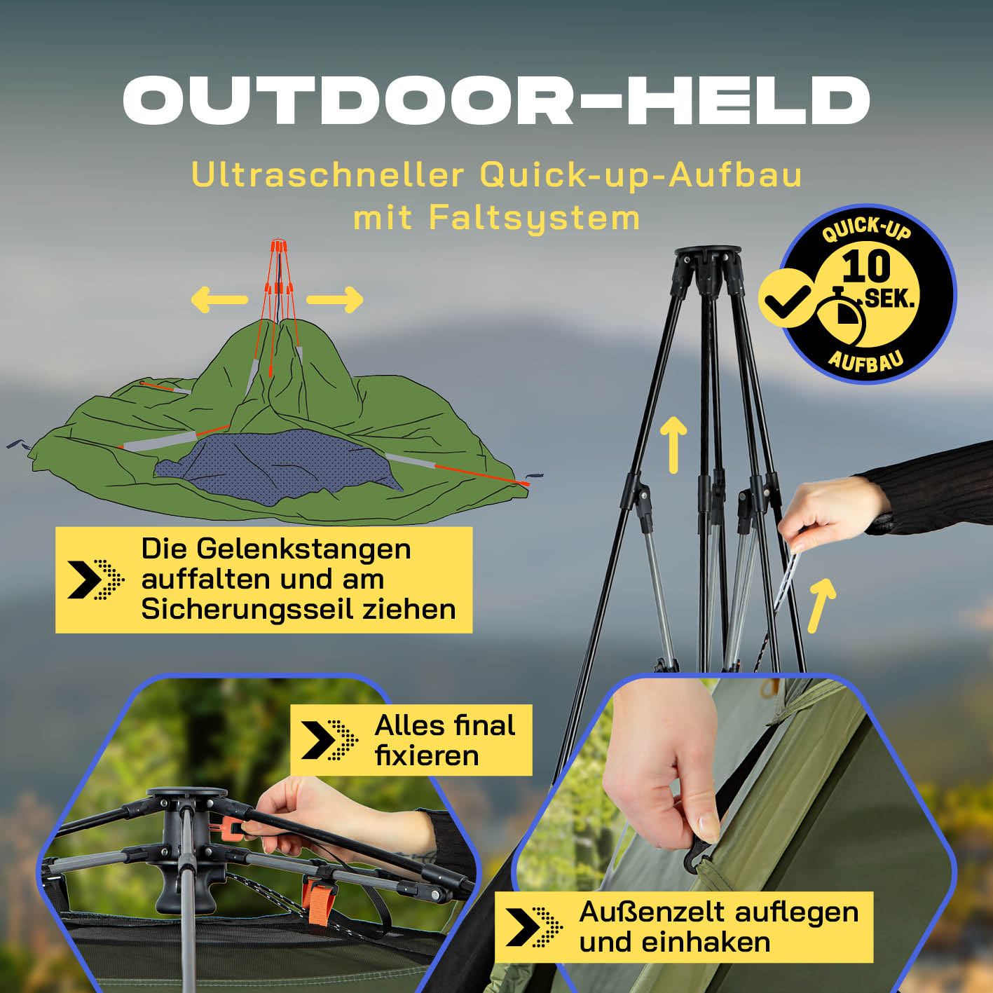 Pop-up-Wurfzelt für 4 Personen - grün mit ultraschnellem Aufbau in 10 Sekunden dank einfachem Faltsystem und stabilem Gestänge.