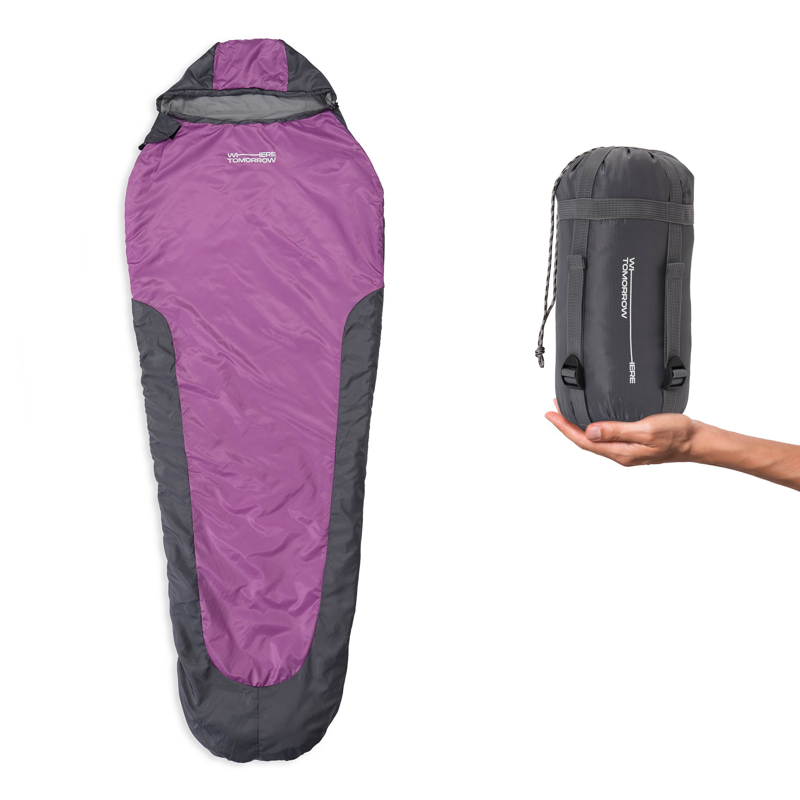 Camping Schlafsack Small & Light Mumienschlafsack Grau-Lila mit Packsack, wasserabweisend, atmungsaktiv, kompakt, geeignet bis -5 °C.