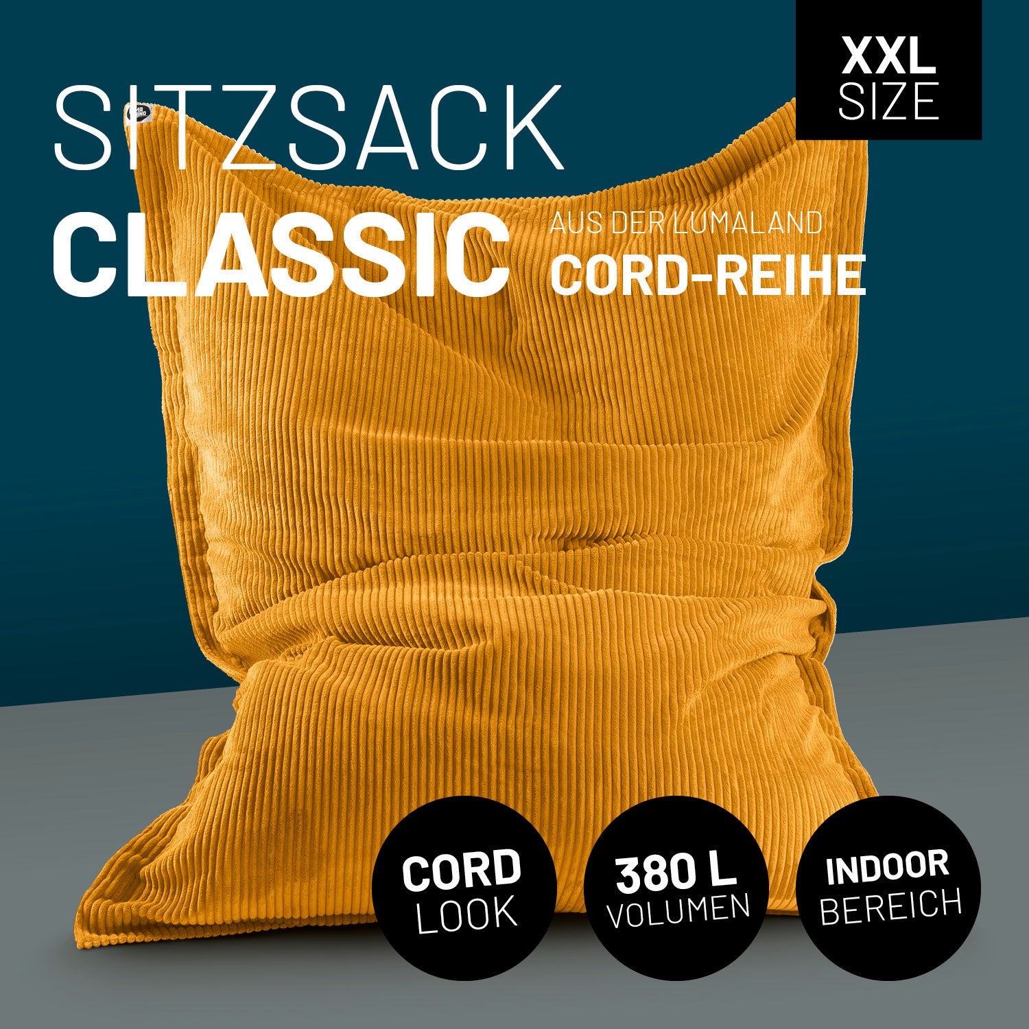 Sitzsack Classic XXL aus der LUMALAND Cord-Reihe - 380 L - 140 x 180 cm - Senfgelb mit weich geripptem Cord-Bezug für komfortables Sitzen