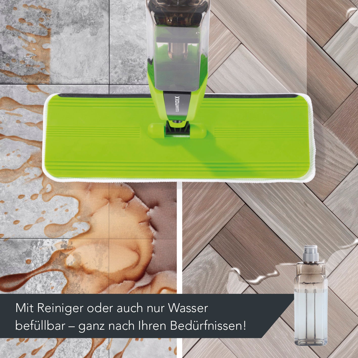 Spray-Mopp - limegreen/schwarz mit integriertem Sprühtank für schonende und effiziente Reinigung ohne Eimer und überschüssige Feuchtigkeit.
