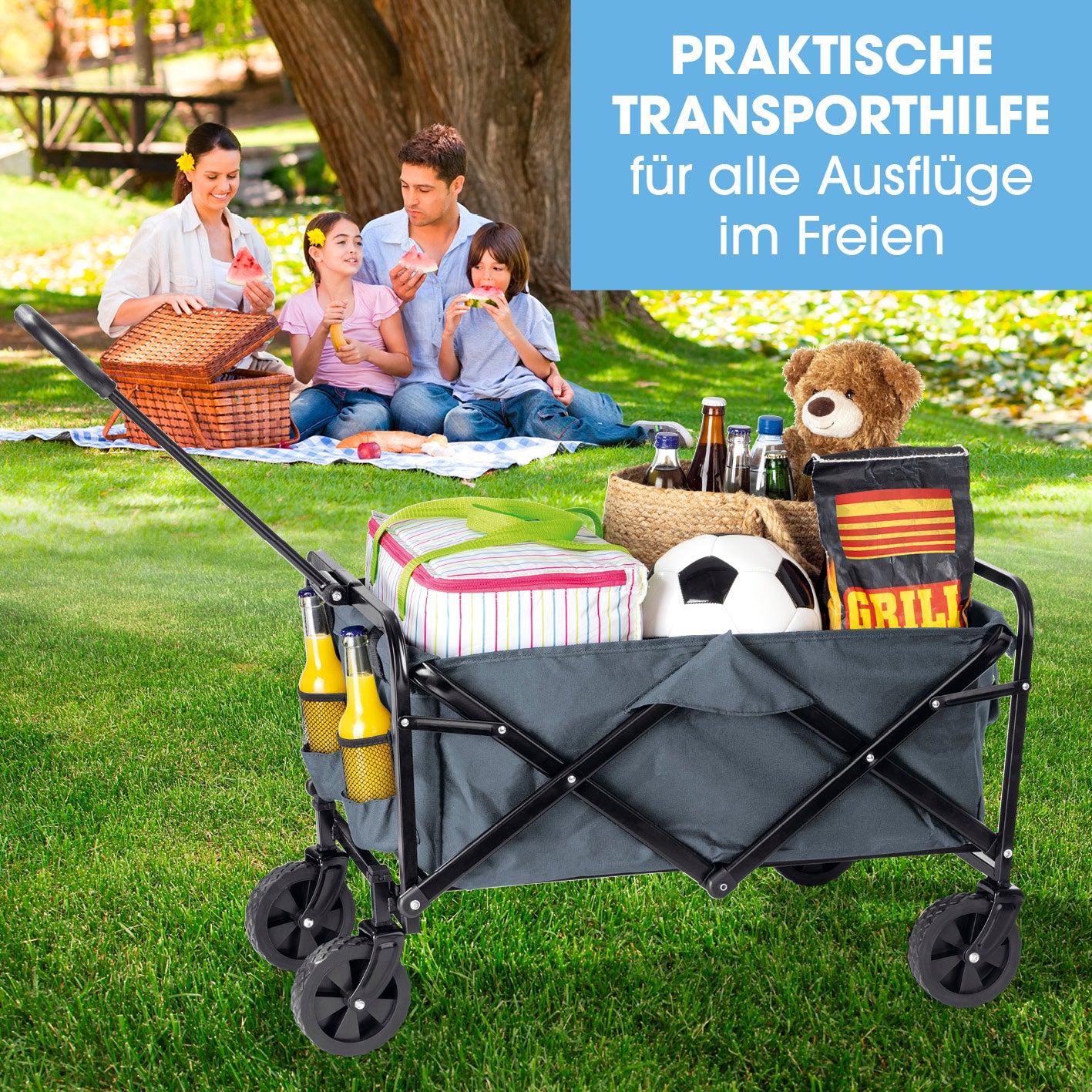 Klapp-Bollerwagen als praktische Transporthilfe mit robustem Stahlrahmen und 360°-Lenkrädern für Ausflüge im Freien.