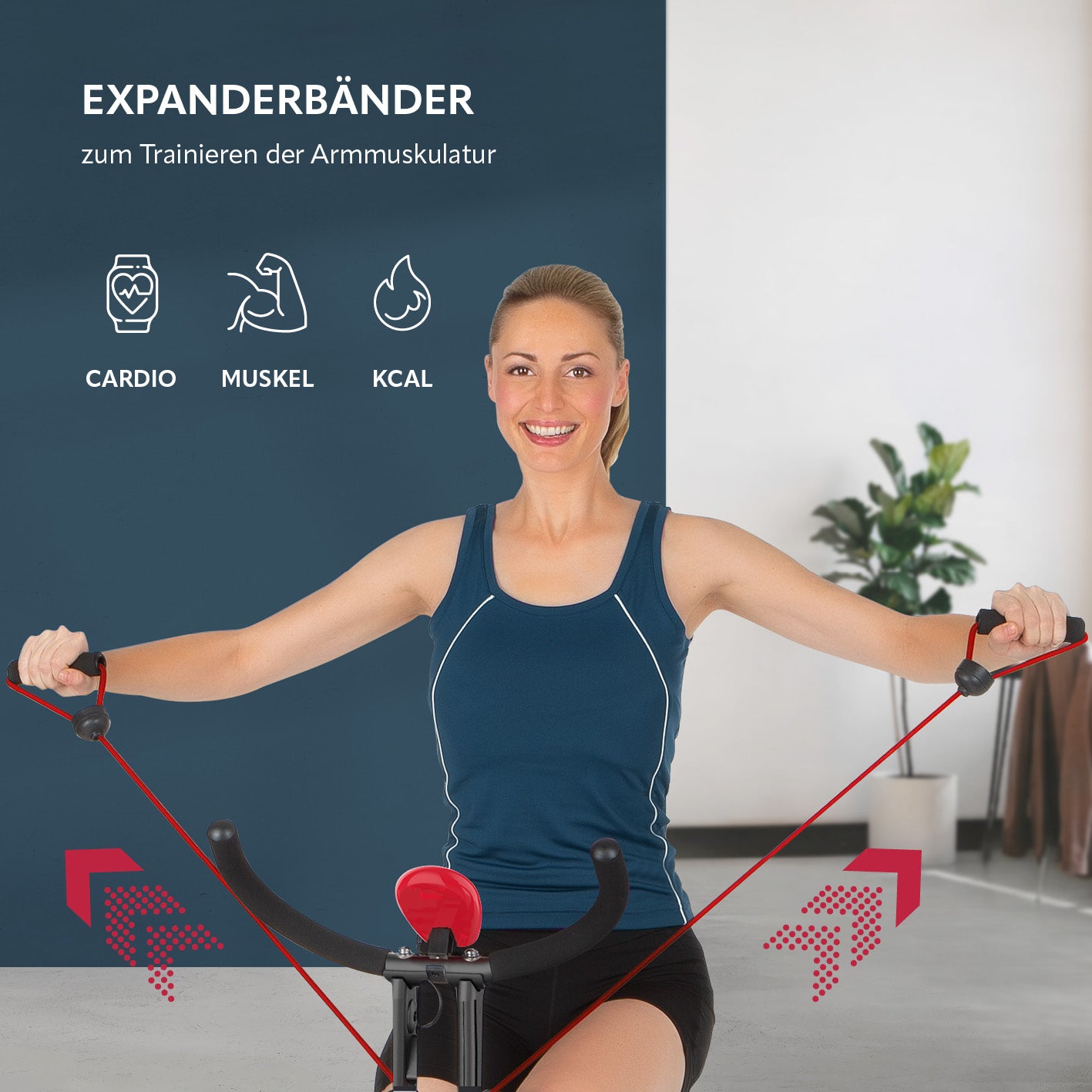 Heimtrainer Fitness Bike mit Expanderbändern zeigt Frau beim Ganzkörper-Training mit Widerstandsbändern und Trainingscomputer.