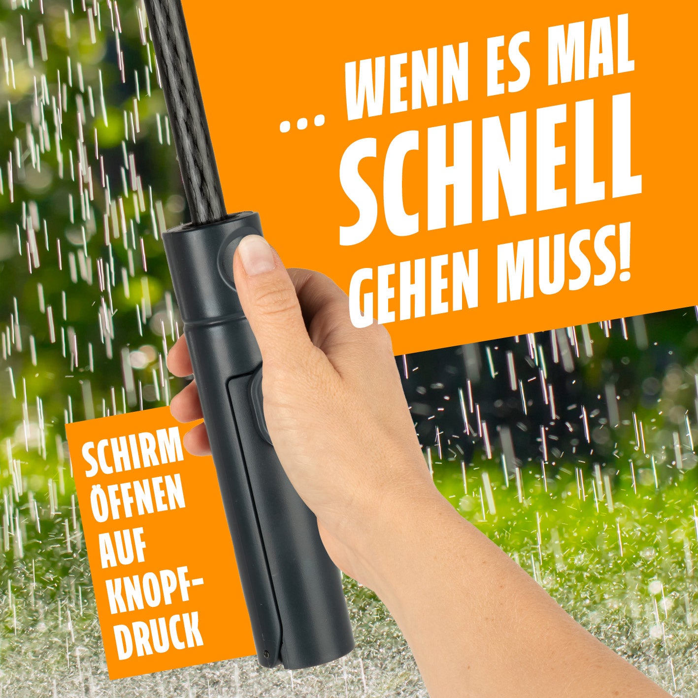 Regenschirm mit Getränkehalter mit automatischem Öffnungsmechanismus, ideal bei Regen für schnellen Schutz und eine freie Hand.