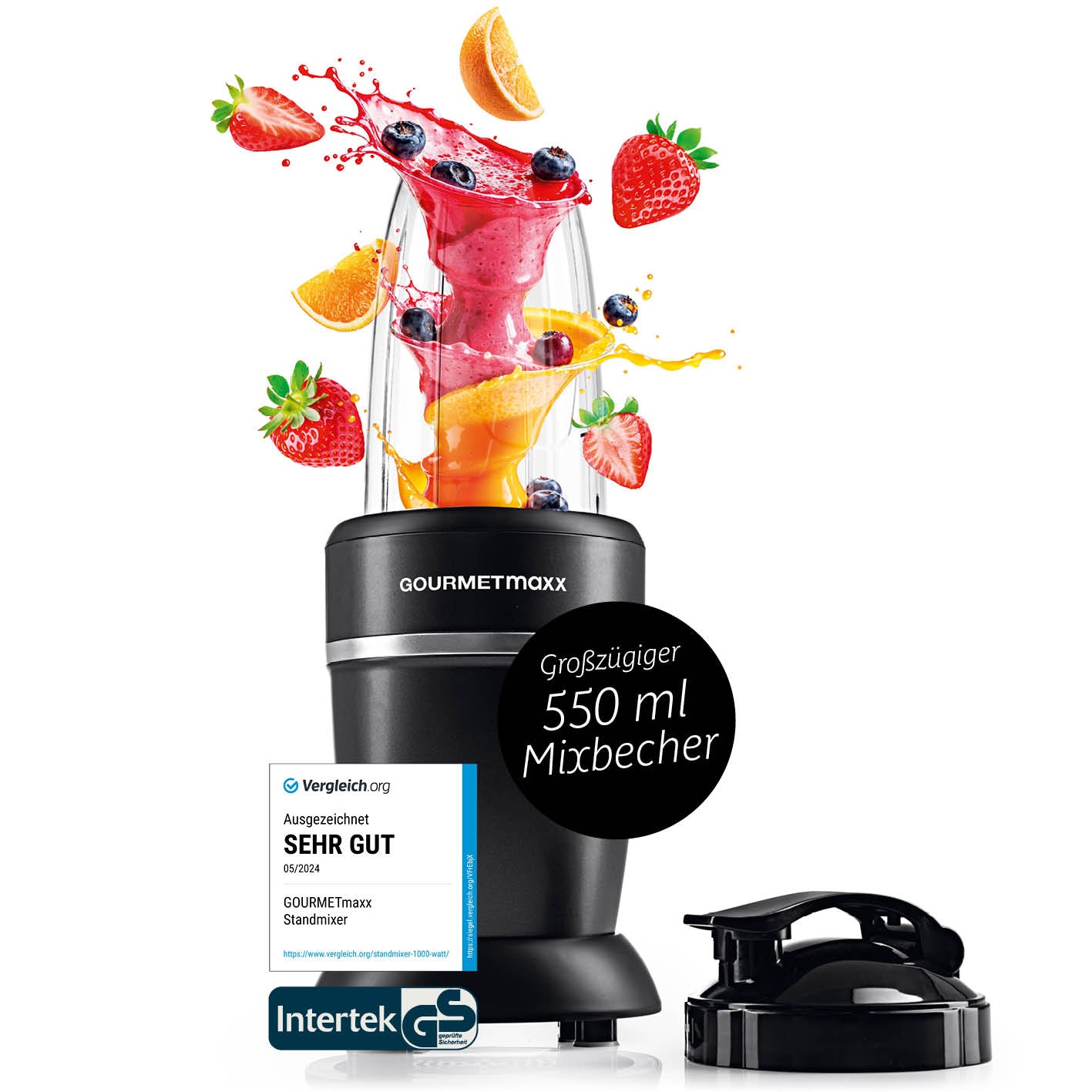 Nutrition Mixer Pro 1.000 mit Basis-Set M - Schwarz/Silber mit 550 ml Mixbecher und 1000W Motor für vielseitiges Mixen.