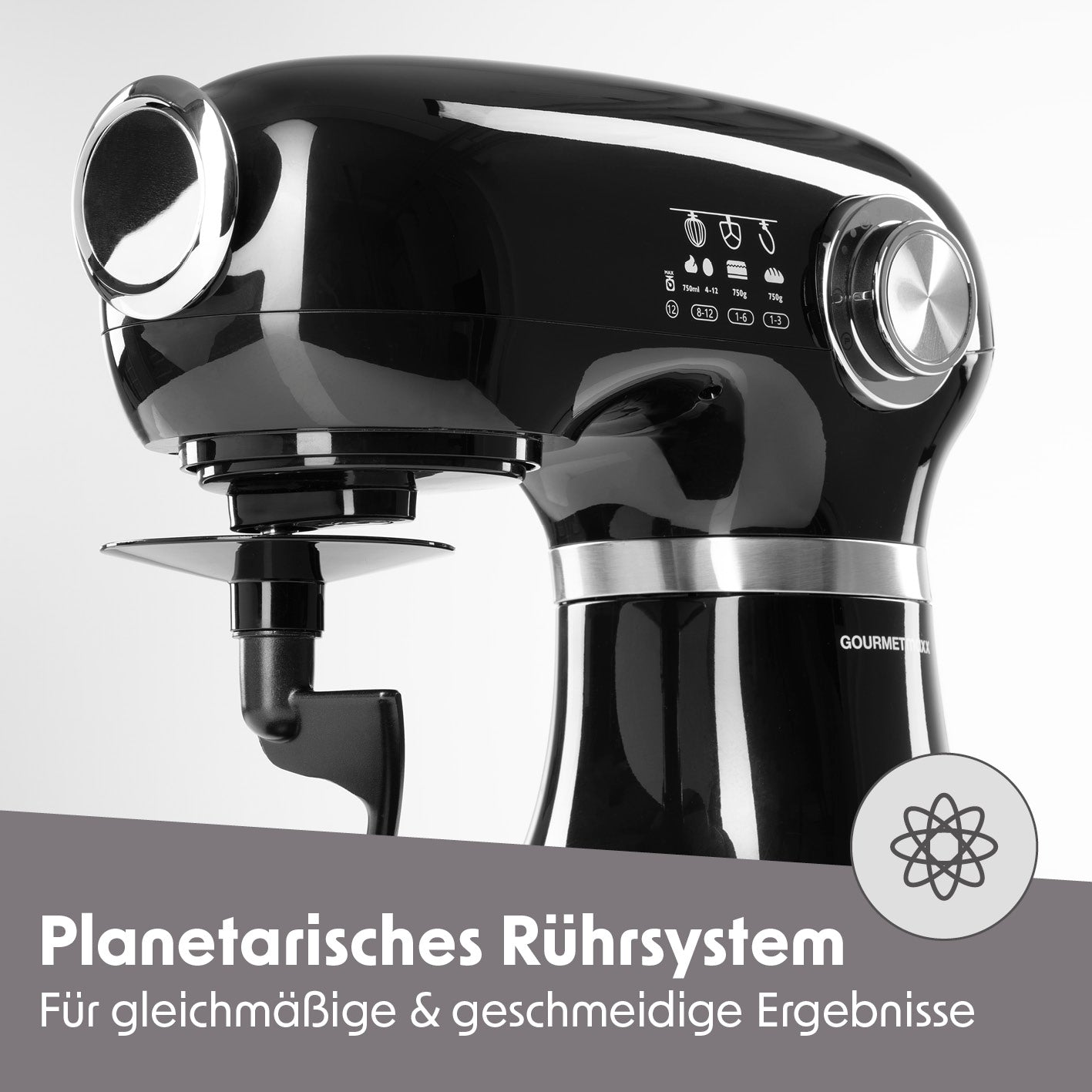 Küchenmaschine mit leistungsstarkem 1000 W Kupfermotorkopf und planetarischem Rührsystem für optimale Mix- und Rührergebnisse.