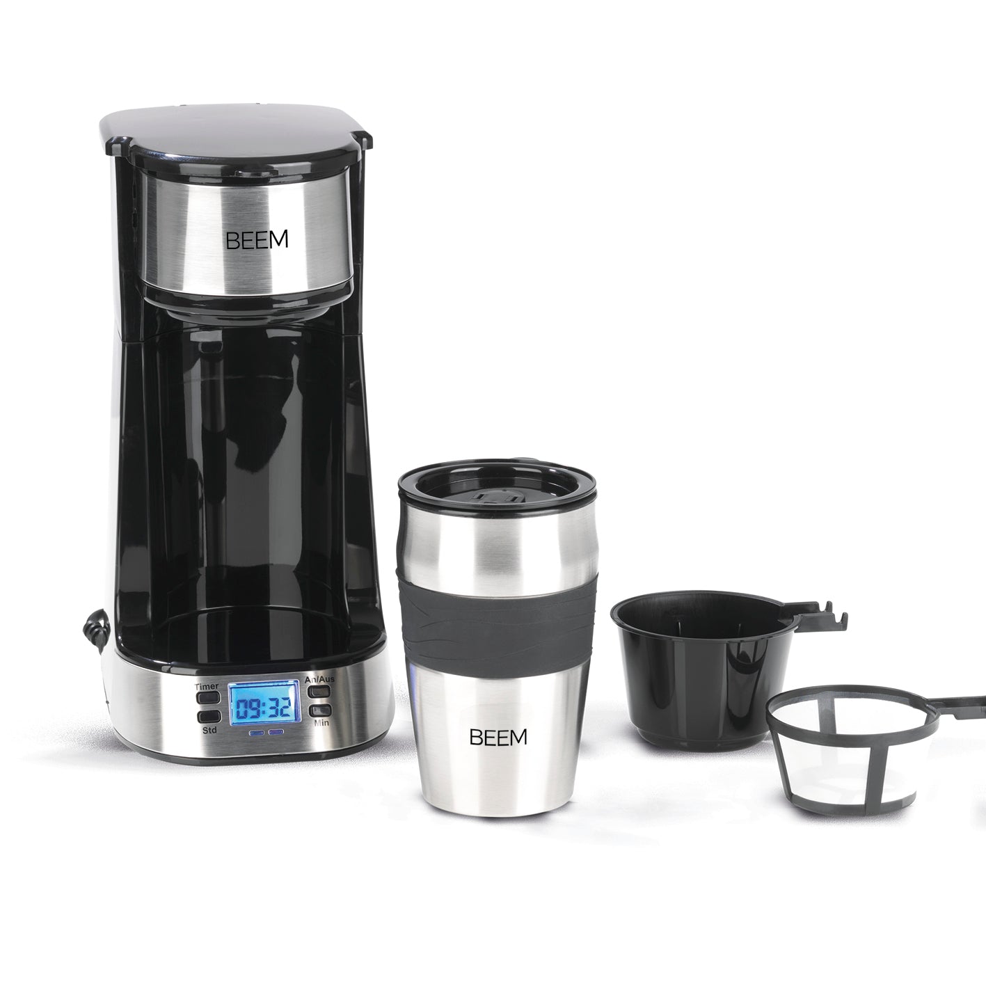 Single-Kaffeemaschine Thermo2Go - 750 Watt in Edelstahl/schwarz mit Thermobecher, LC-Display und Permanentfilter.