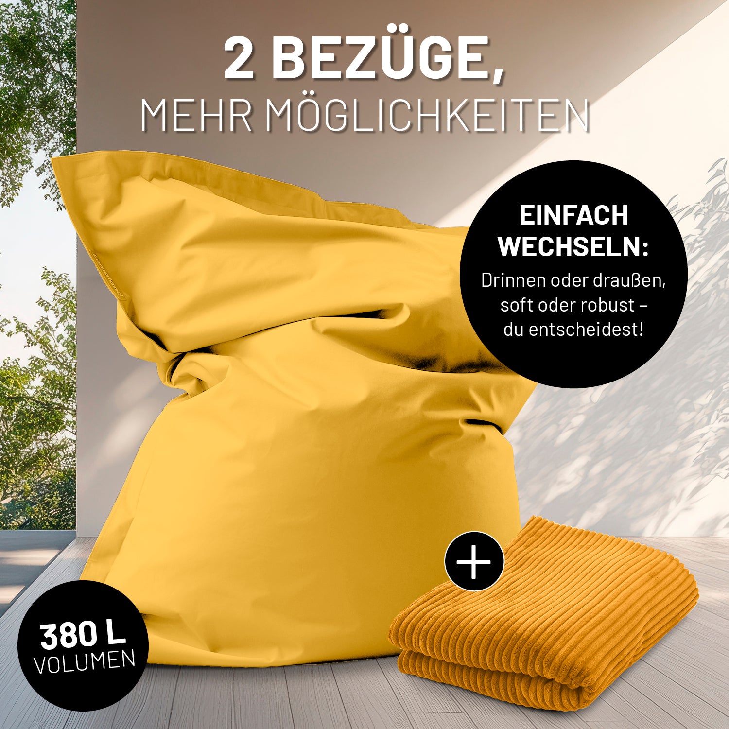 Sitzsack Classic XXL All-in-One Set - 380 L - 140 x 180 cm - Senfgelb mit zwei Bezügen für innen und außen, robust und weich.