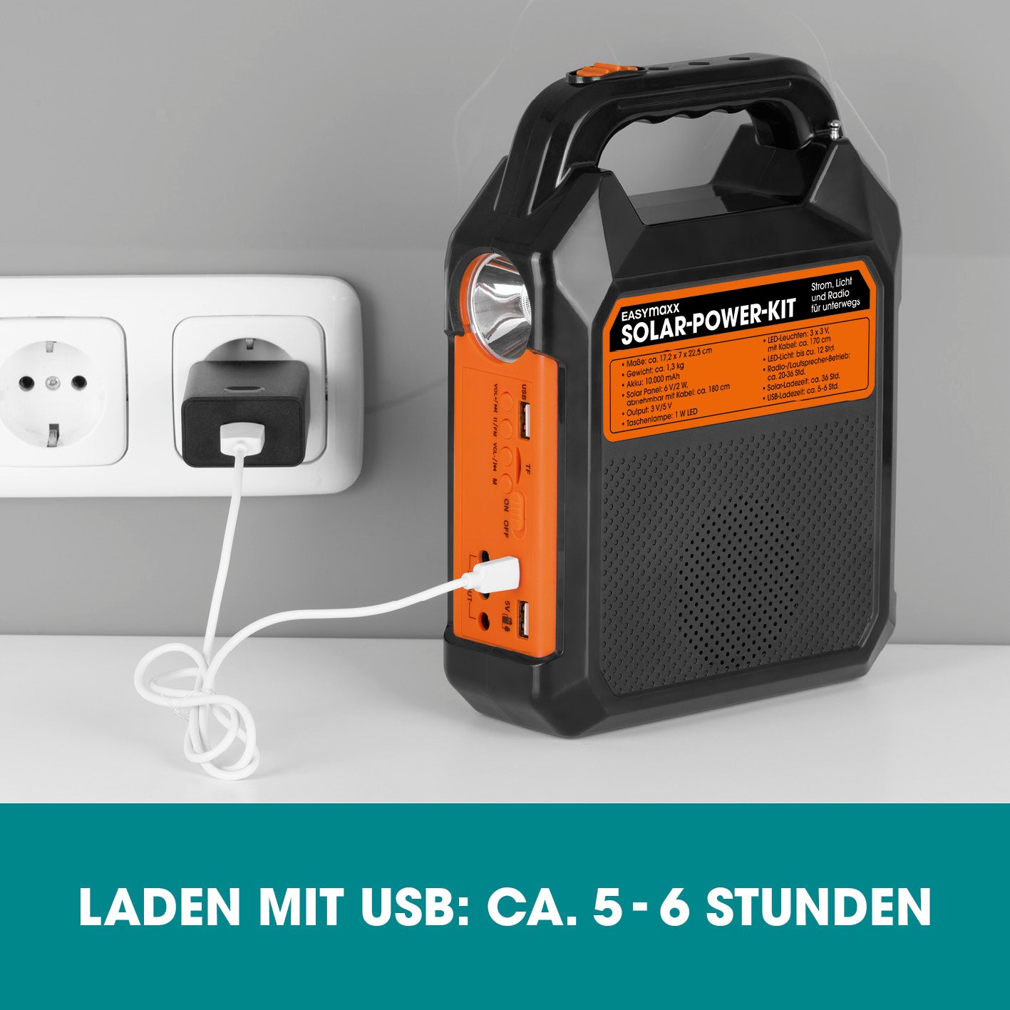 Solar-Generator Kit 10000mAh mit USB-Ladung, integriertem FM-Radio, Lautsprecher, Taschenlampe und LED-Leuchten für unterwegs.