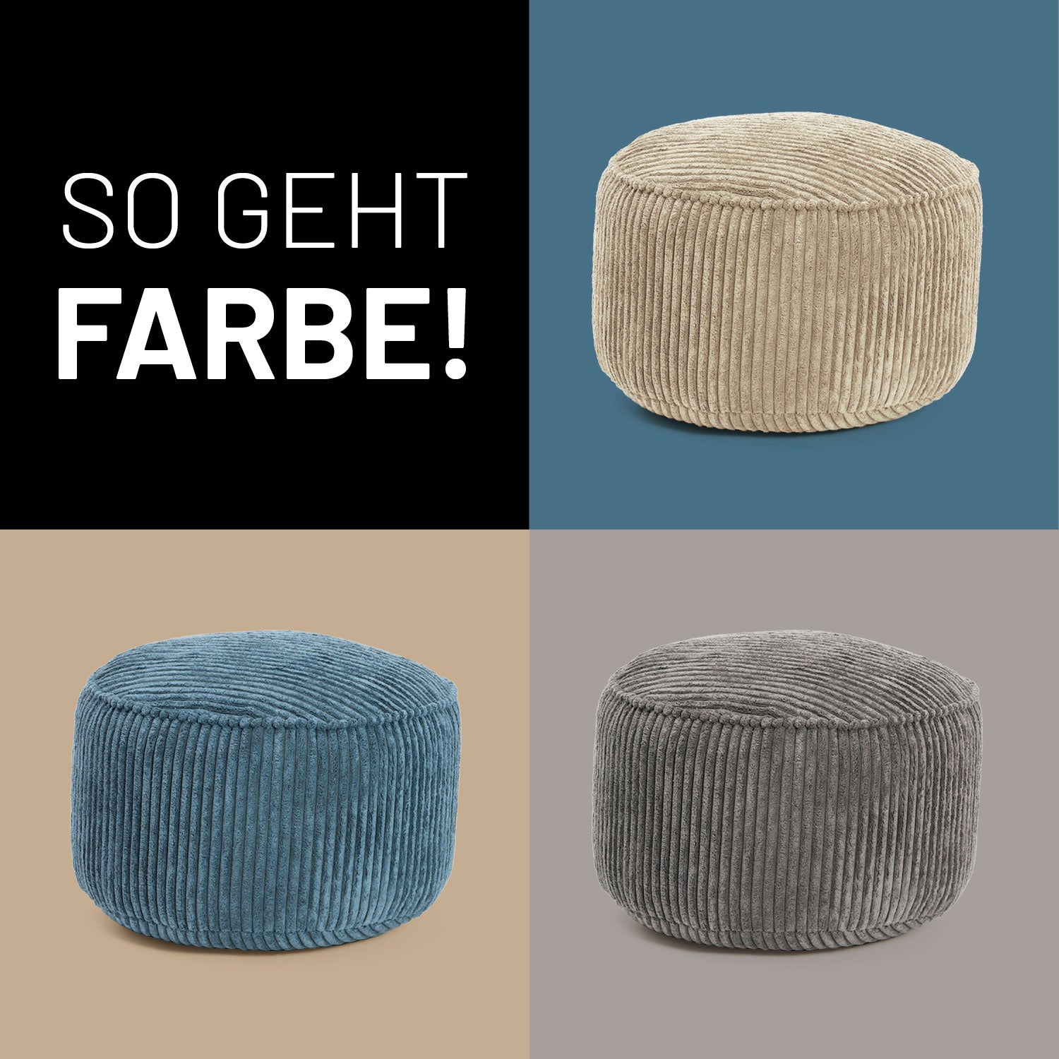 Sitzsack Pouf aus der Cord-Reihe - Grau, Beige und Blau, stylischer 3in1 Hocker mit kuscheligem Cordbezug.